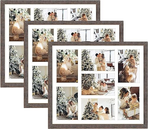 Golden State Art, Juego de 3 marcos de collage de madera marrón envejecida de 13.7 x 15.7 pulgadas, paspartú blanco, muestra siete fotos de 4 x 6,