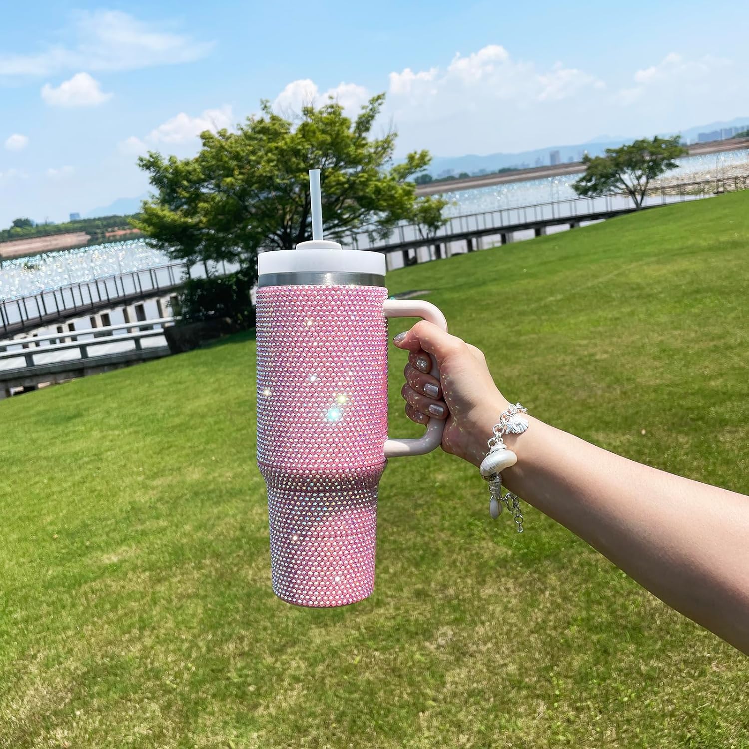 40oz Bling Tumbler with Handle and Straw Lid Rhinestone Studded Tumbler Cups Vacuum Insulated Stainless Steel Double Wall Water Bottle Travel Mug Gifts for Women Her (Light Rose) - Image 4