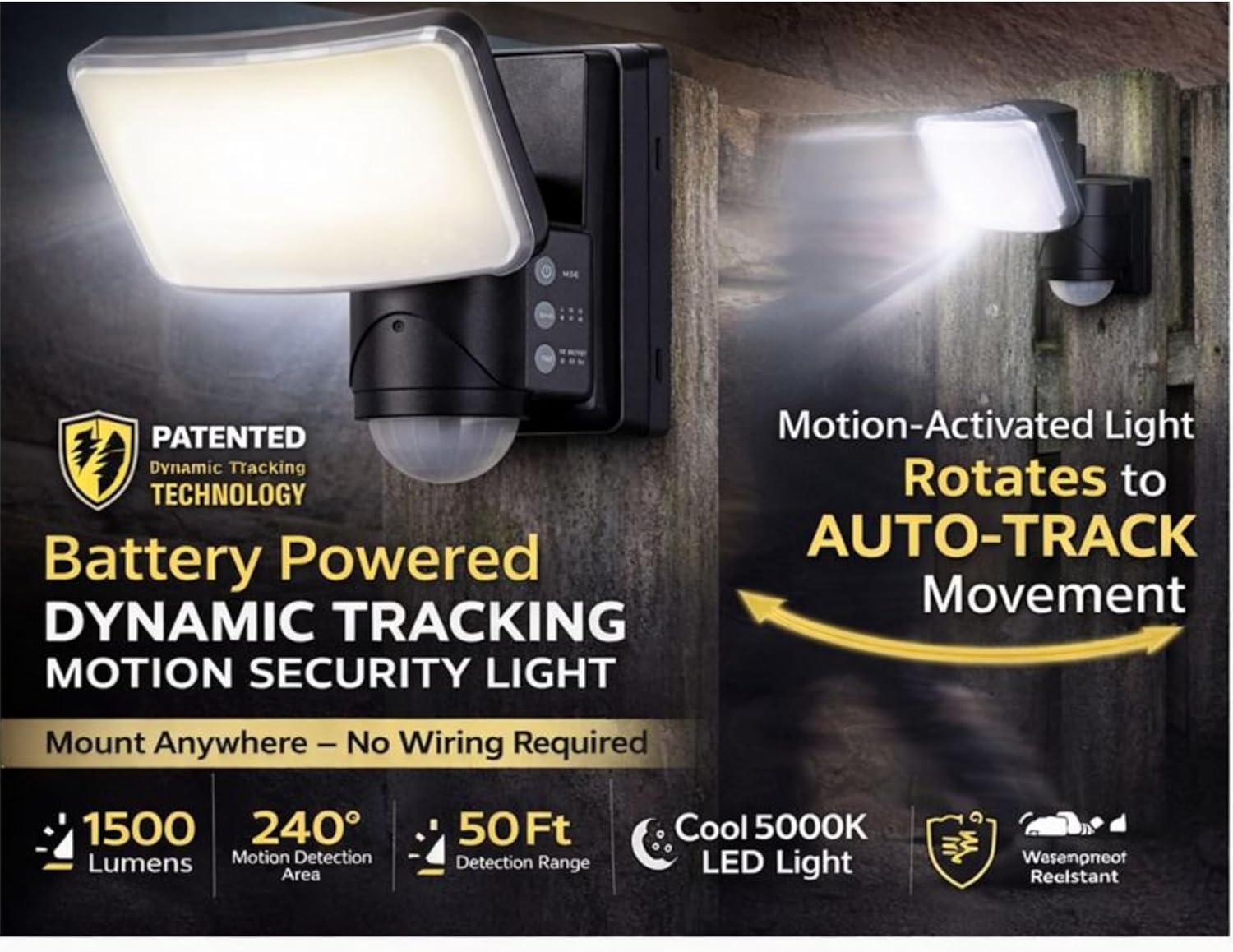 Dynamic Tracking Battery Powered Motion Security Light, 1500 Lumens LED, 240° Sensor, Black, 50 ft Range
