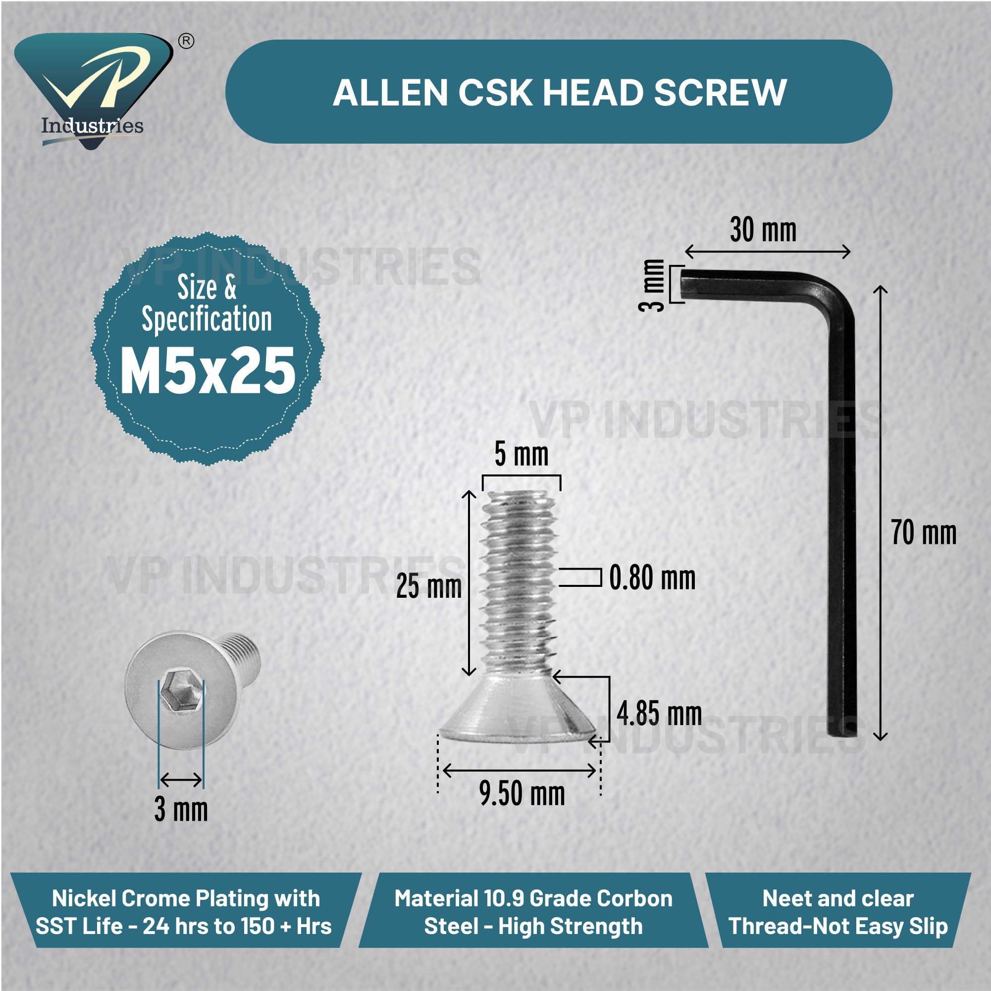 Rely®⇒VP INDUSTRIES (Pcs-25) M5x25 mm CSK Allen Head Screw Stainless Steel | Countersunk Allen Bolt | High Strength Machine Screws for Furniture, DIY & Industrial Use - Image 7 thumbnail