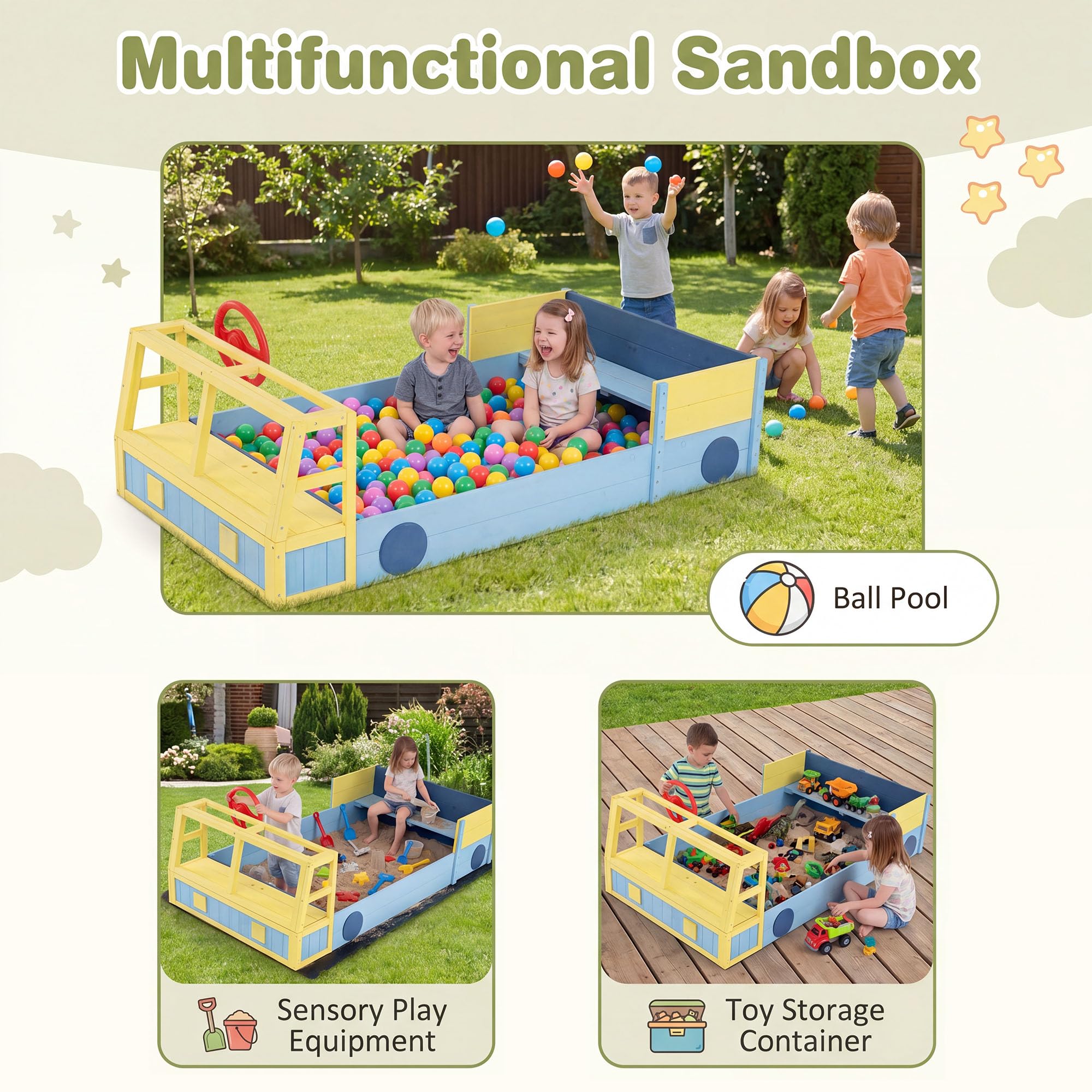 HOMASIS Sabbiera per Bambini a Forma di Camion dei Pompieri, Sabbiera da Esterno con Panca, Contenitore Portaoggetti Nascosto, Rivestimento, Sandbox per bambini 18+ Mesi, 170 x 100 x 48 cm