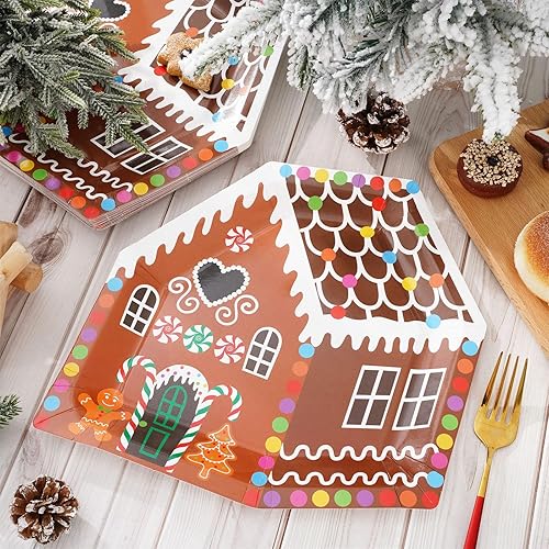 Miniatura 4 de Whaline 25 platos de papel de Navidad con forma de casa de jengibre, platos desechables coloridos de Navidad para suministros de fiesta de invierno,