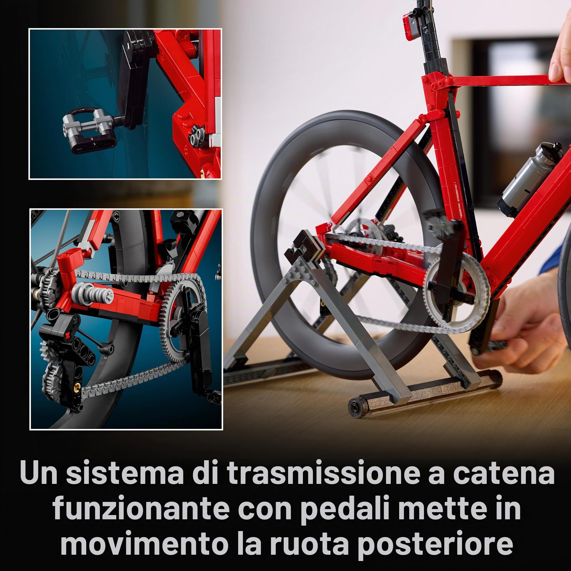 BRICK Flip LEGO 11380 - Bicicletta da corsa con piastrelle stampate, ruote Legorad con pneumatici in gomma, deragliatore posteriore e supporto ruota posteriore come scrivania