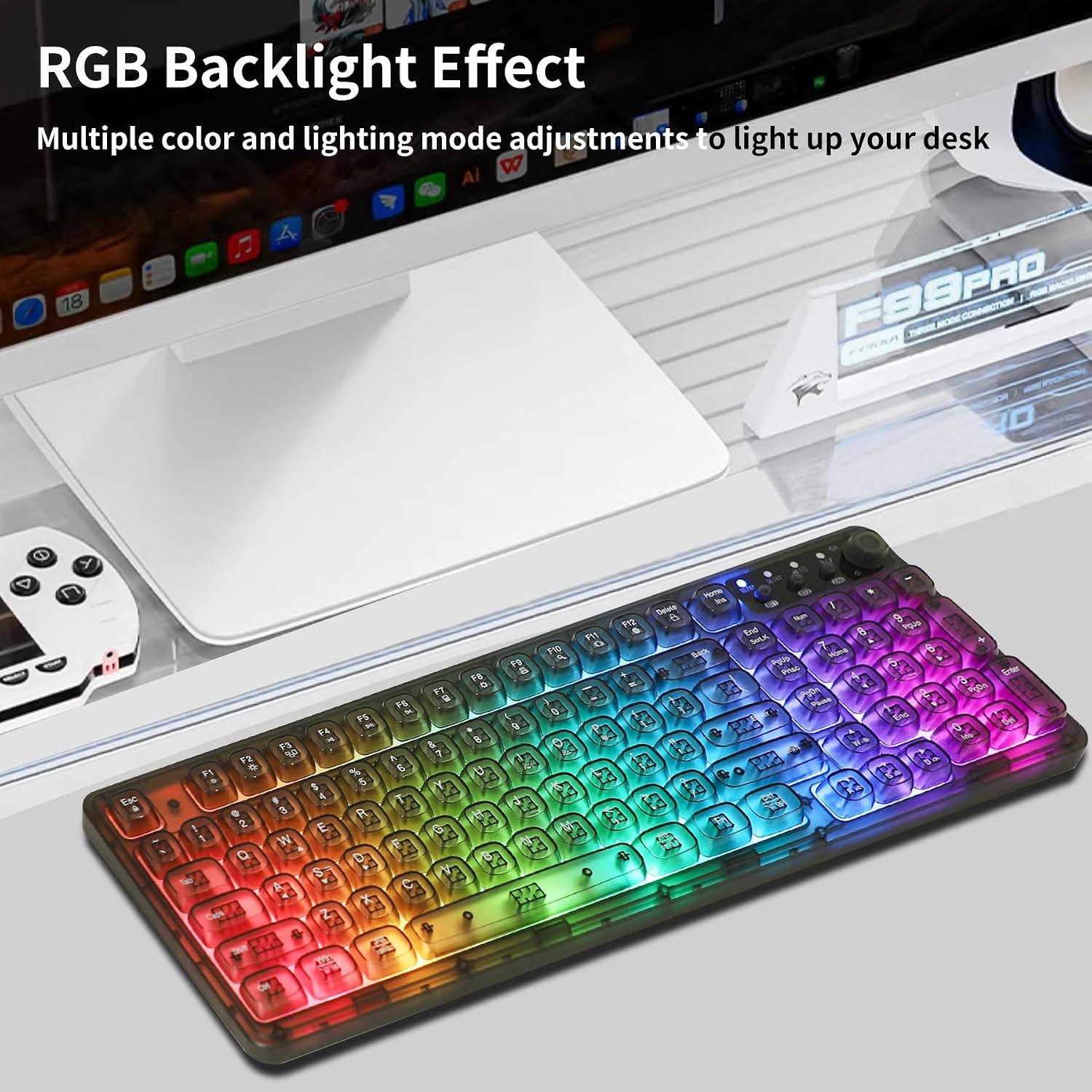 Adventurers F99 PRO Wireless Transparent RGB Backlit Keyboard – Ergonomic,One-Touch Volume Knob,Multi-Mode Connection (Bluetooth/2.4G/Wired) (Translucent Black)