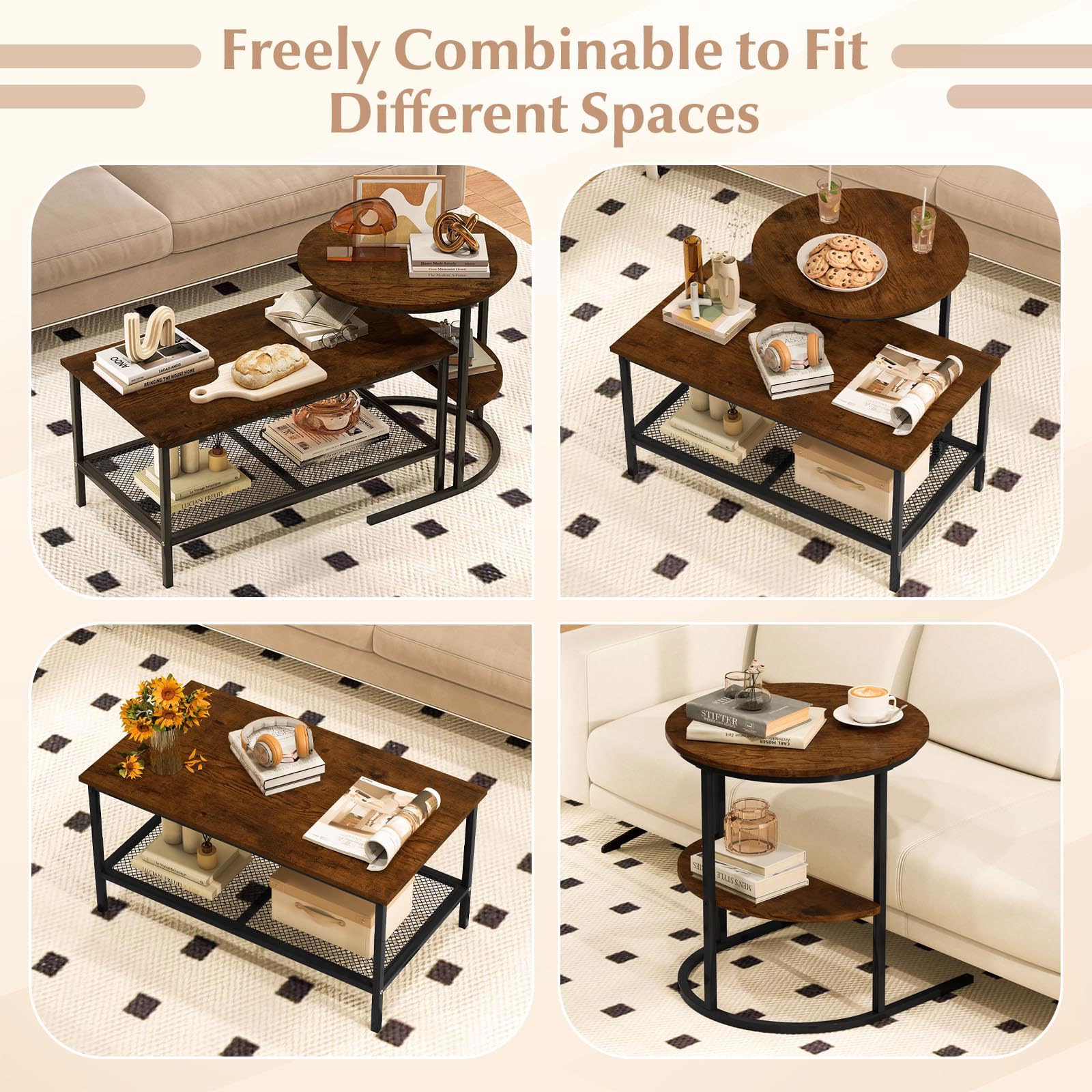 FANTASK 2er Set Couchtisch, Sofatisch Marmor Optik mit Metallrahmen, Wohnzimmertisch mit Ablage, Kaffeetisch, Beistelltisch für Wohnzimmer, Schlafzimmer (Rustikales Braun)