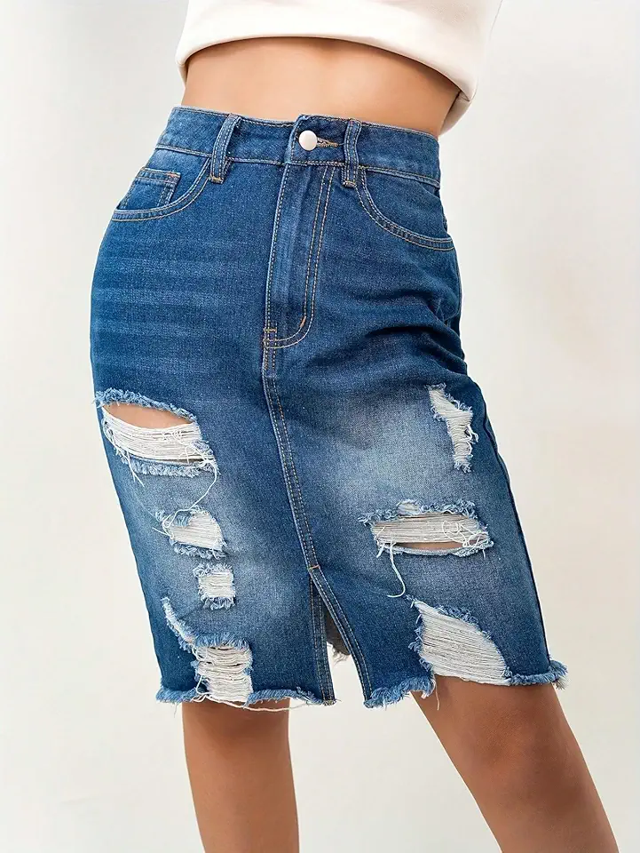 Saia jeans feminina de cintura alta rasgada midi envelhecida slim fit para uso diário de verão casual