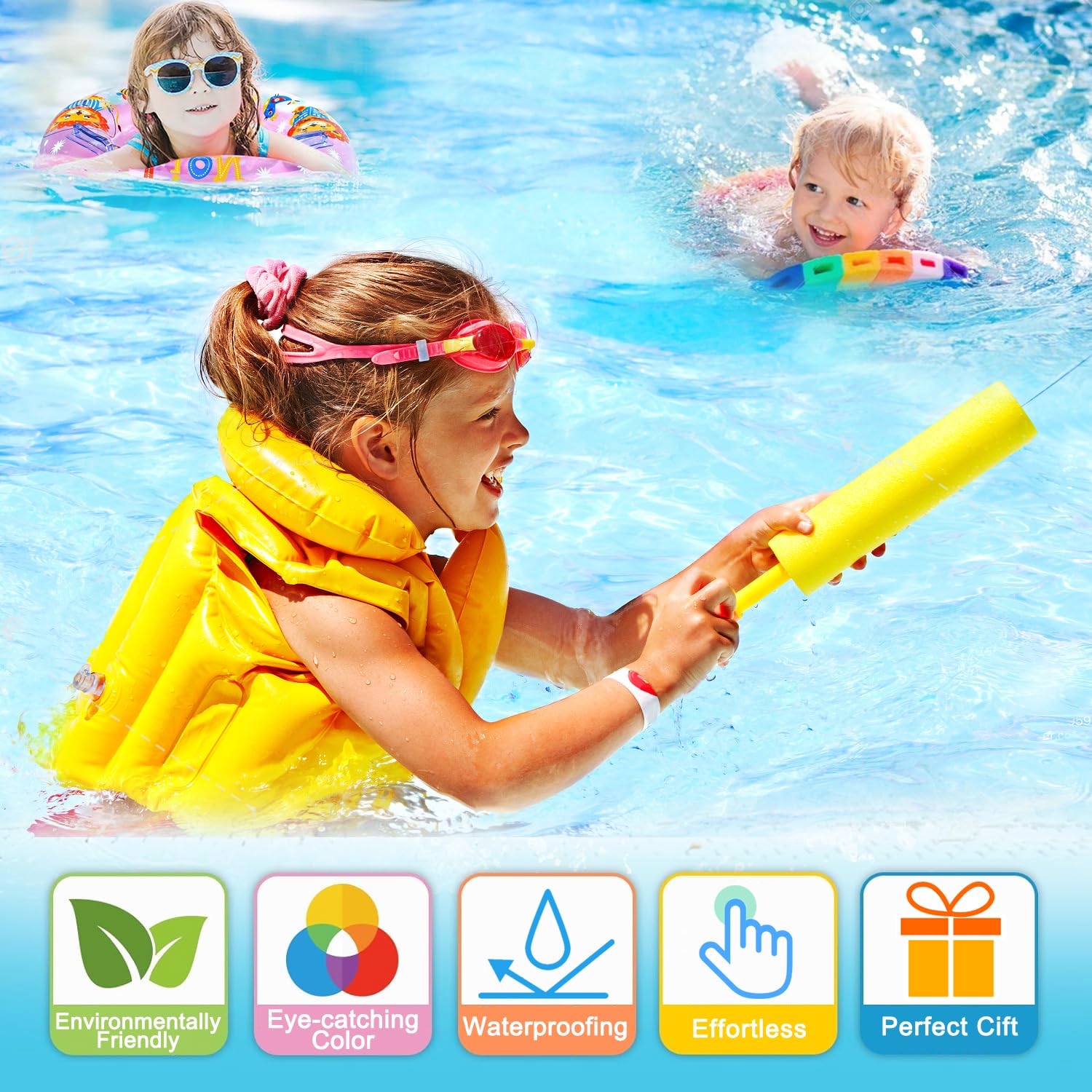 Lot De 4 Pistolets à Eau Mousse – Portée 9 M, Couleurs Vives, Flottants, Pour Piscine Et Jardin