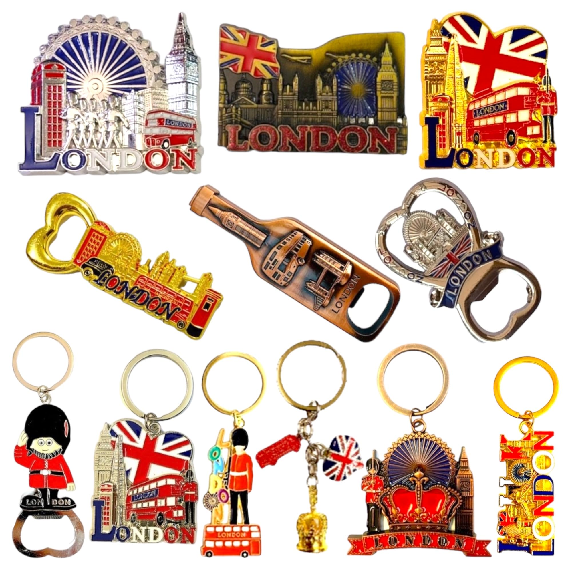12 London Souvenir Magnets Keyring - Union Jack Magnet Key Chain - 6 England Keyrings - 6 British Fridge Magnets