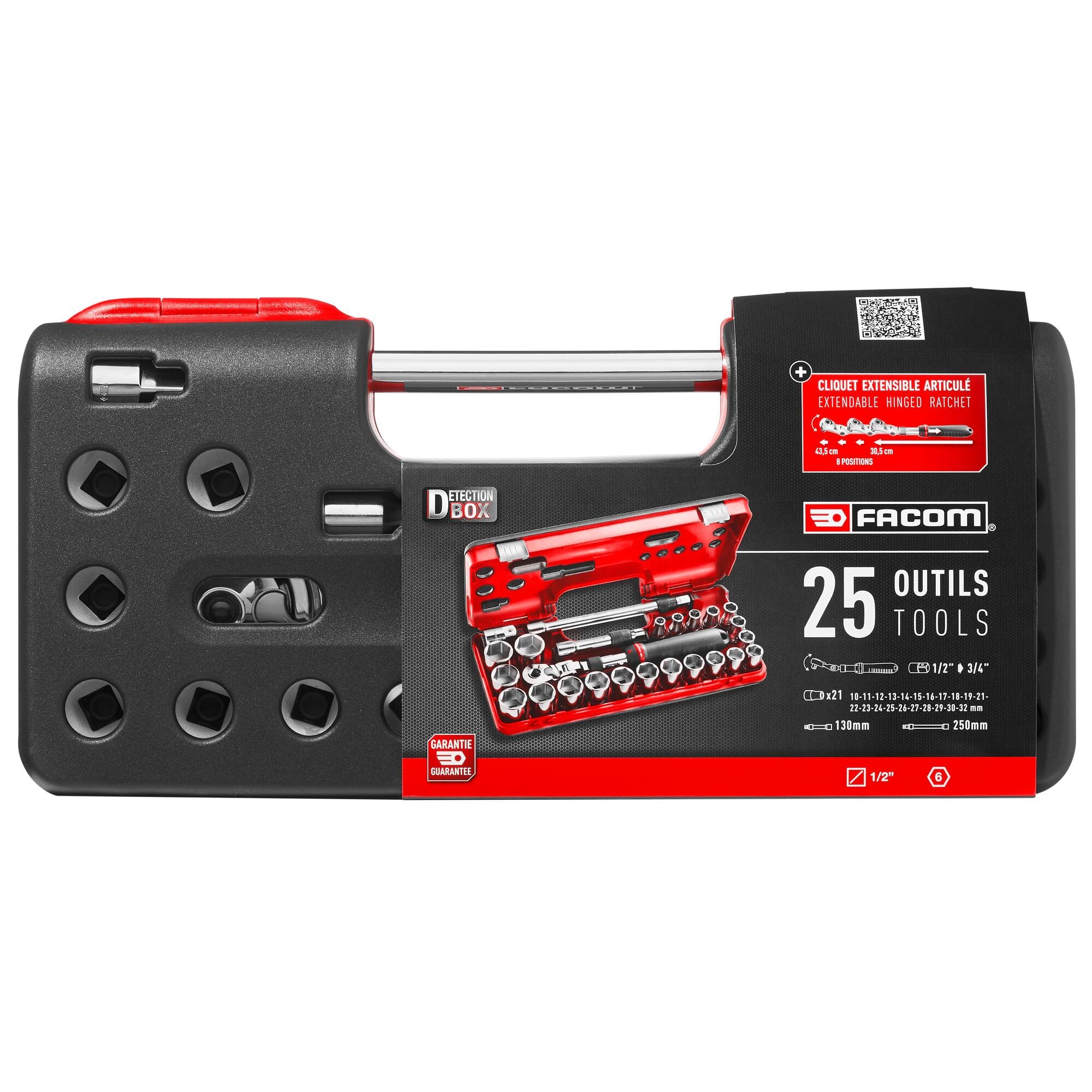 FACOM Coffret Cliquet Extensible Verrouillage 1/2 " Detection Box Métriques 6 Pans - 25 Pièces - SXL.DBOX3PB