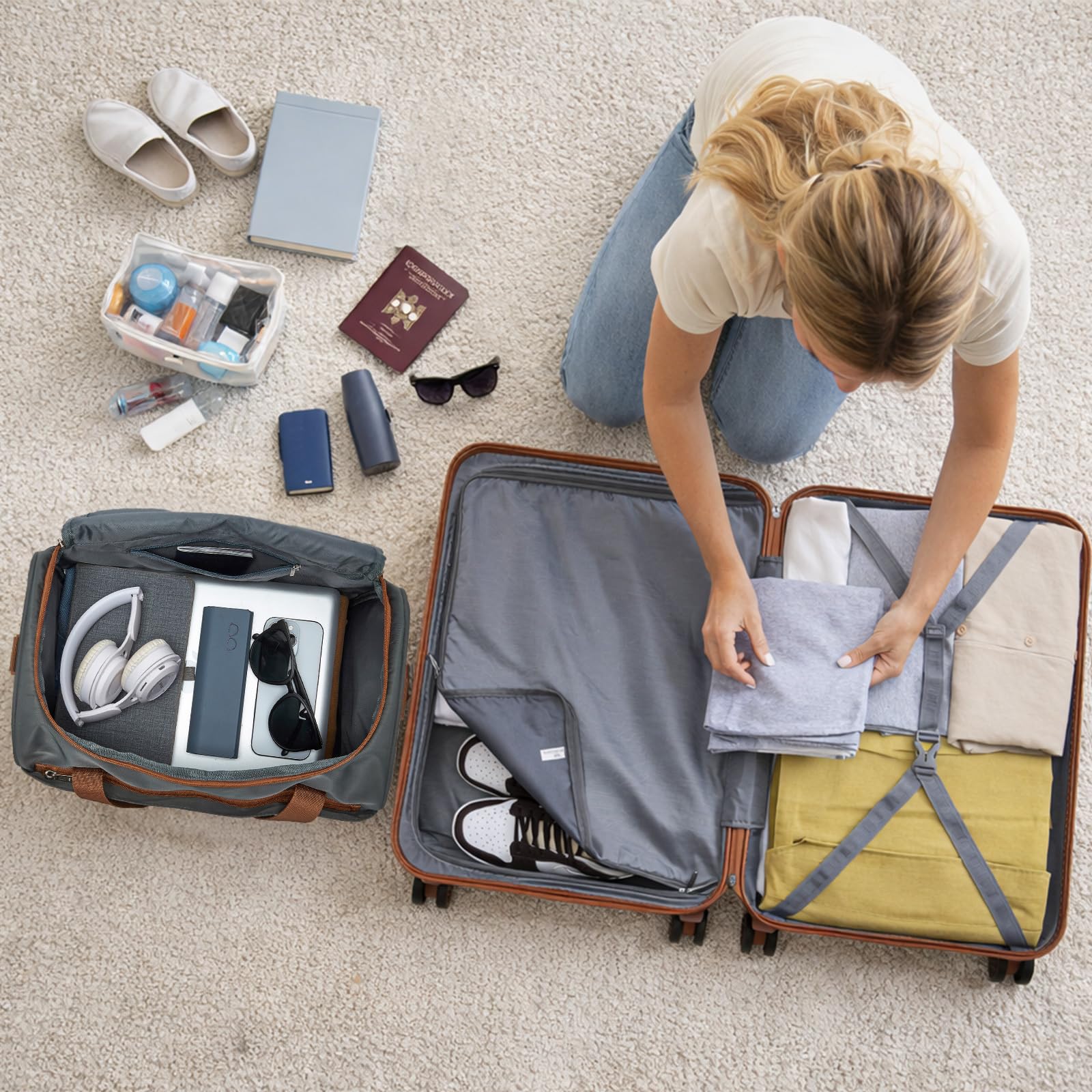 KONO Set di 2 Valigia Bagaglio a Mano Rigida e Leggera ABS+PC Trolley 55cm con 4 Ruote Rotanti e Lucchetto TSA & Borsa da Viaggio Ryanair 40x30x20, Grigio/Marrone