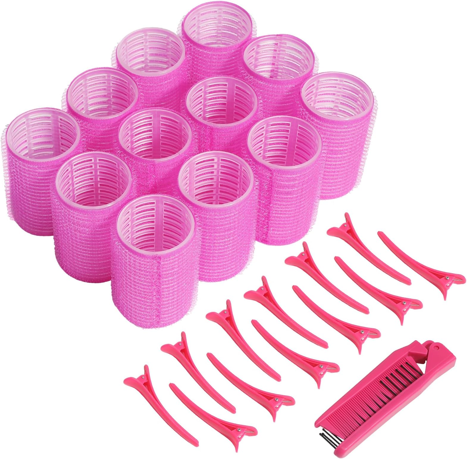 25-Piece Self Grip Hair Rollers Set with Folding Pocket Comb and Hairpins - Salon-Quality Hair Dressing Curlers for Beautiful Waves and Curls on Medium to Short Hair (Rose Red)