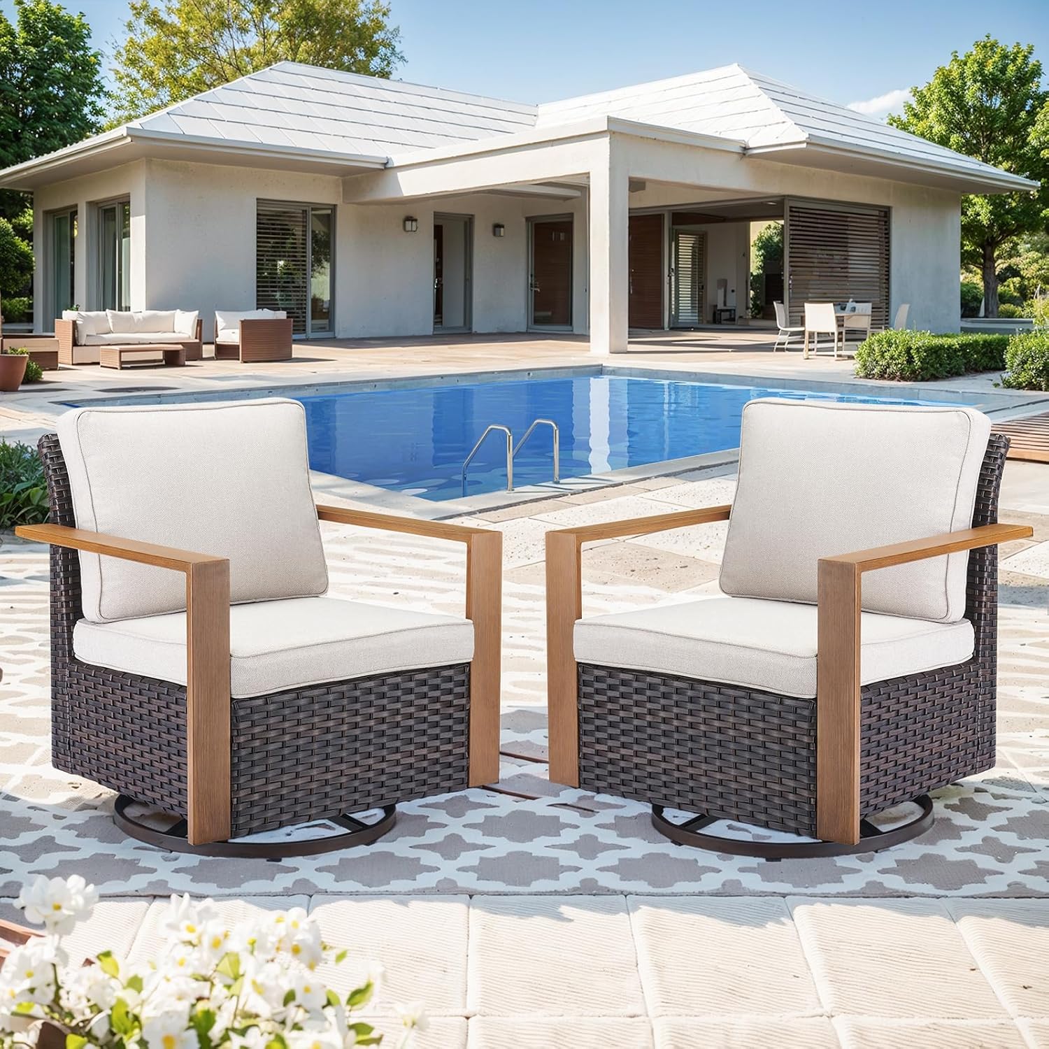 HUMMUH Outdoor Swivel Rocker Patio Chairs Set of 2-All Weather Wicker Swivel Rocking Outdoor Chairs for Deck Porch Poolside Balcony-Brown/Beige