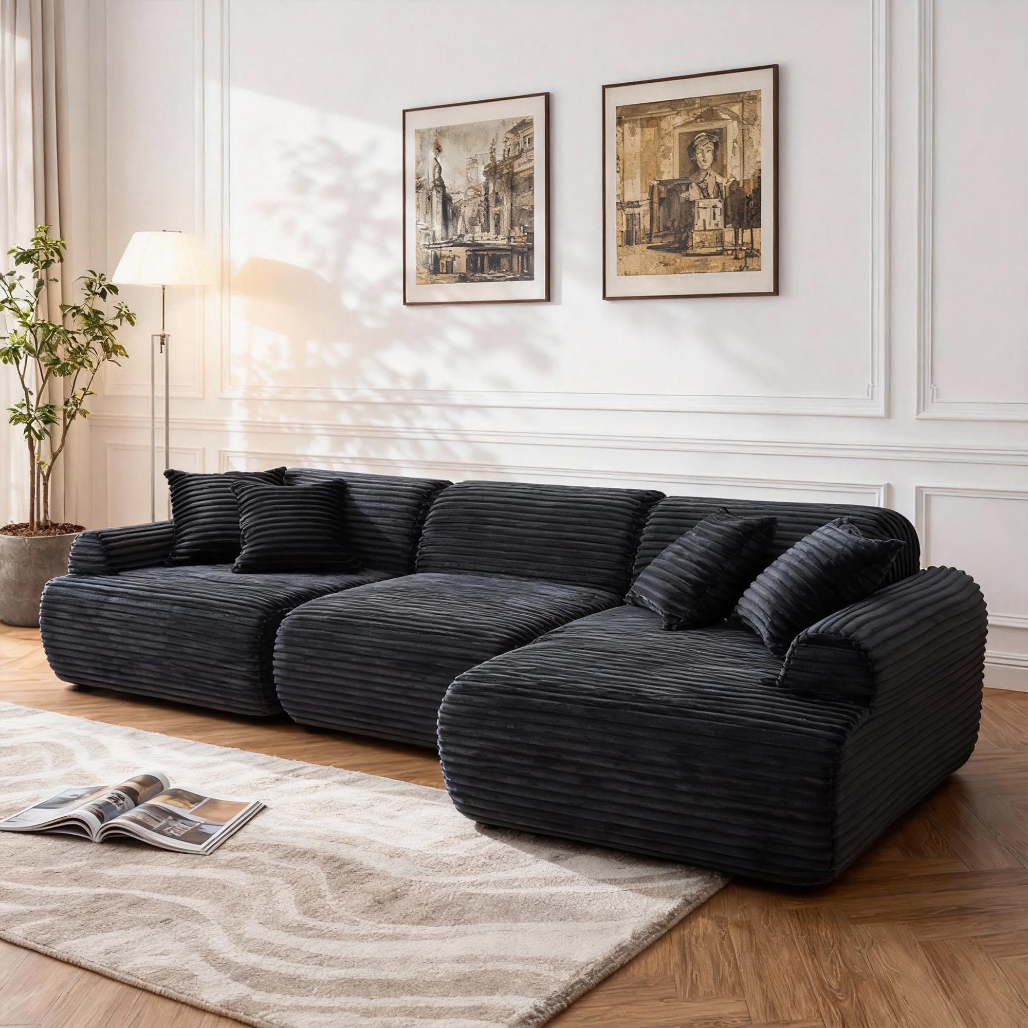 KEIKI 2Seat Modular Boneless Sectional Corduroy Sofa Couch with Chaise for Urban Loft Bedroom Studio Family Friendly Urban Professionals Luxurious Elegant Sophisticated Quality Design Black