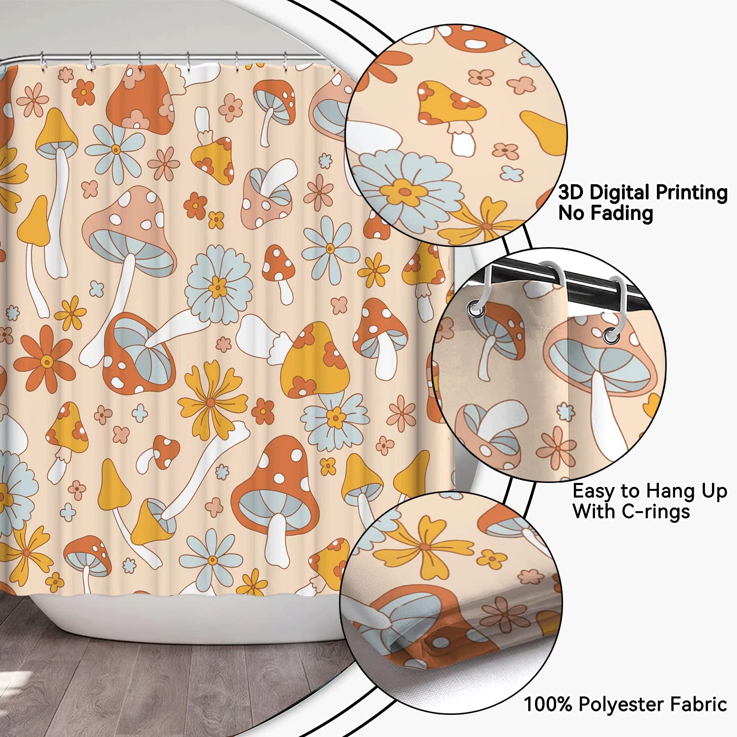 Inshere Retro Hippie Mushroom Shower Curtain for Bathroom with 12 Hooks - Image 4