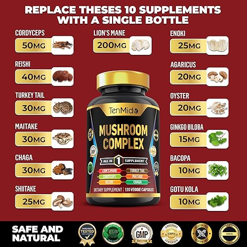 Miniatura 3 de Suplemento complejo de hongos  Fórmula 13 en 1  Mezcla setas melena de león, Cordyceps Sinensis, Reishi, cola de pavo, Maitake, Chaga, Shiitake,