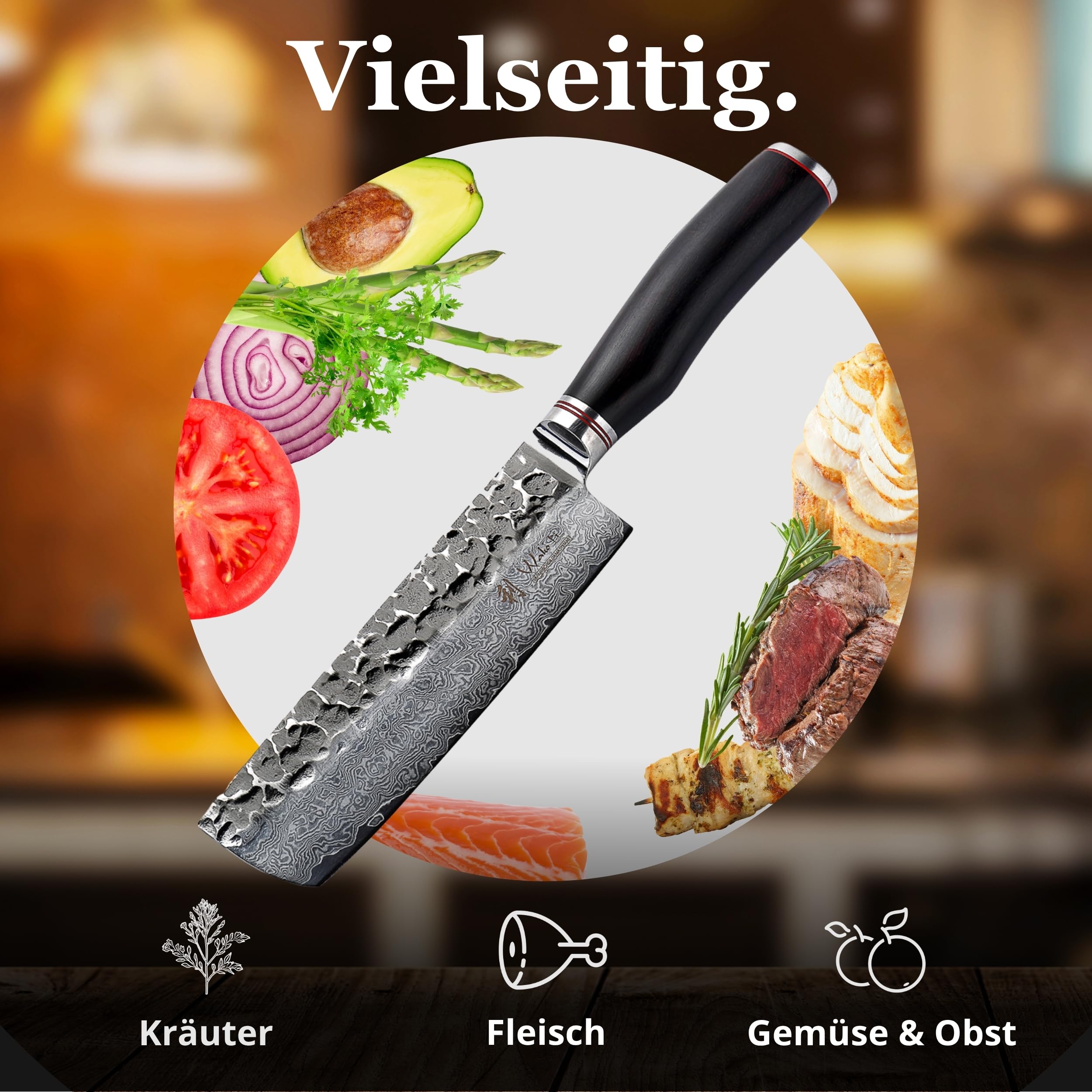 Wakoli EBO Nakirimesser mit 16,5 cm Klinge, 67 Lagen Damaststahl, VG10-Kern