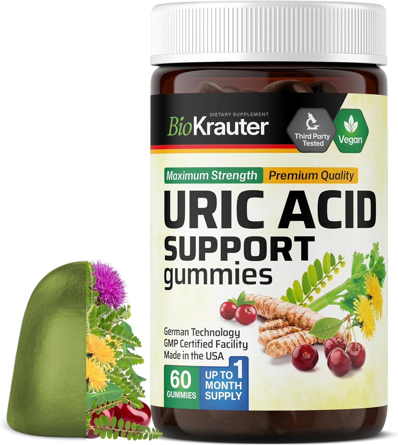 BIO KRAUTER Uric Acid Support Gummies - 60 Vegan Chews - Uric Acid Support w/Tart Cherry & Chanca Piedra 4:1 Extracts - Natural Kidney Supplement w/Milk Thistle and Turmeric
