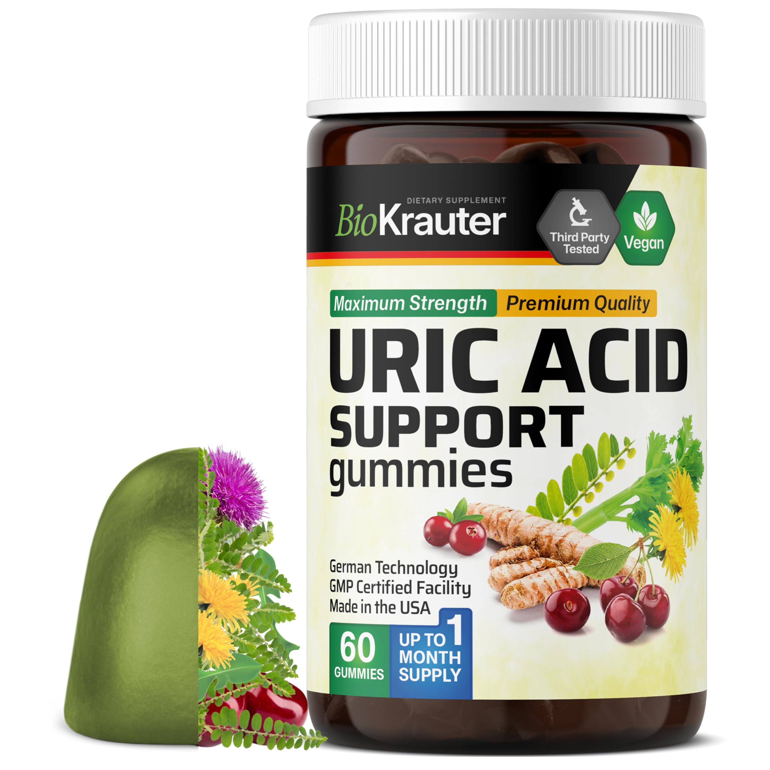 BIO KRAUTER Uric Acid Support Gummies - 60 Vegan Chews - Uric Acid Support w/Tart Cherry & Chanca Piedra 4:1 Extracts - Natural Kidney Supplement w/Milk Thistle and Turmeric