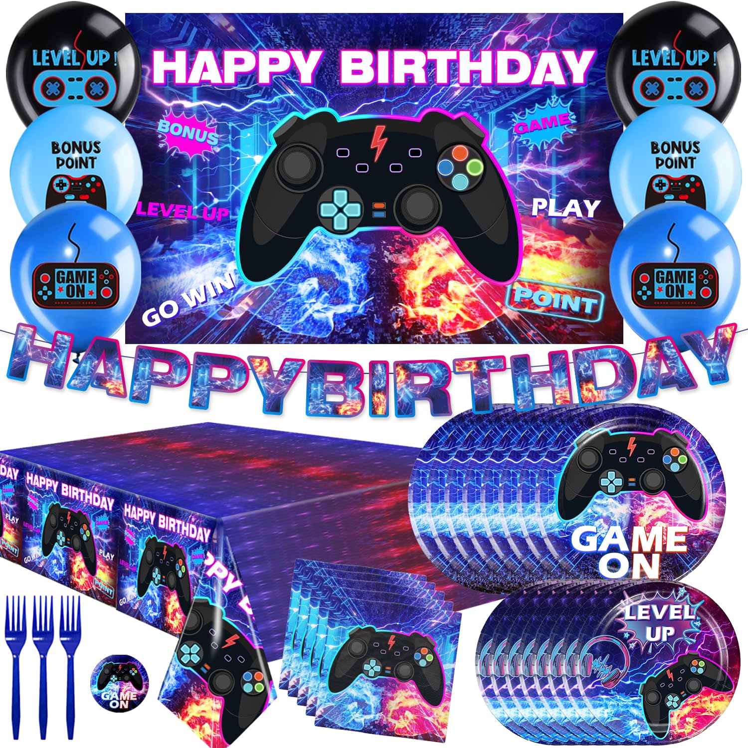 Cocomigo 116pcs Video Game Birthday Decorations for Boys, Gamer Birthday Party Decorations Include Video Game Backdrop Plates Balloons Gamer Banner