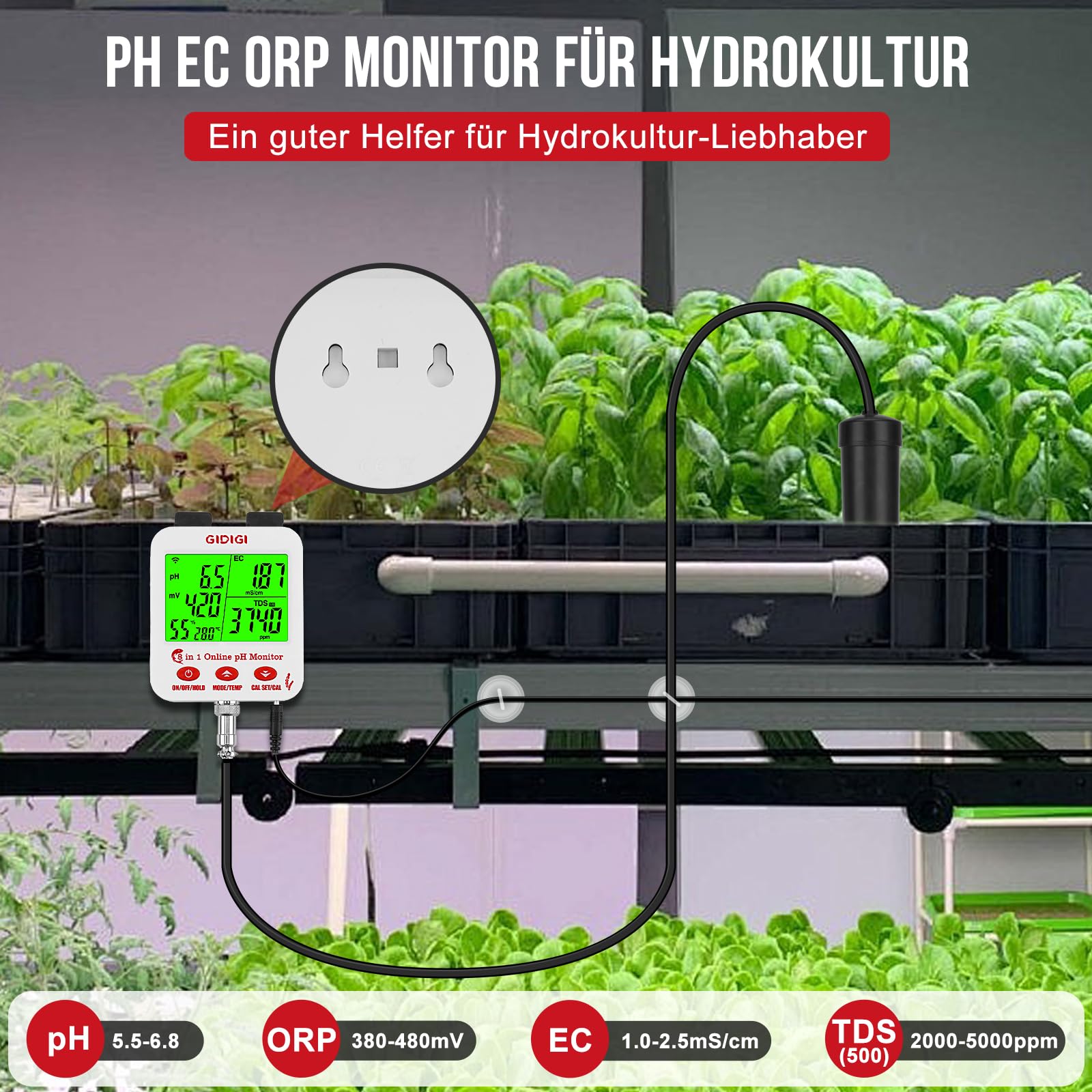 8-in-1 WiFi Water Smart pH/EC/TDS/Salz Messgerät mit ORP, Feuchtigkeits und Temp, Digitaler Hydrokultur Nährstoffmonitor und Salzgehalttester für Aquarium, Fischtank
