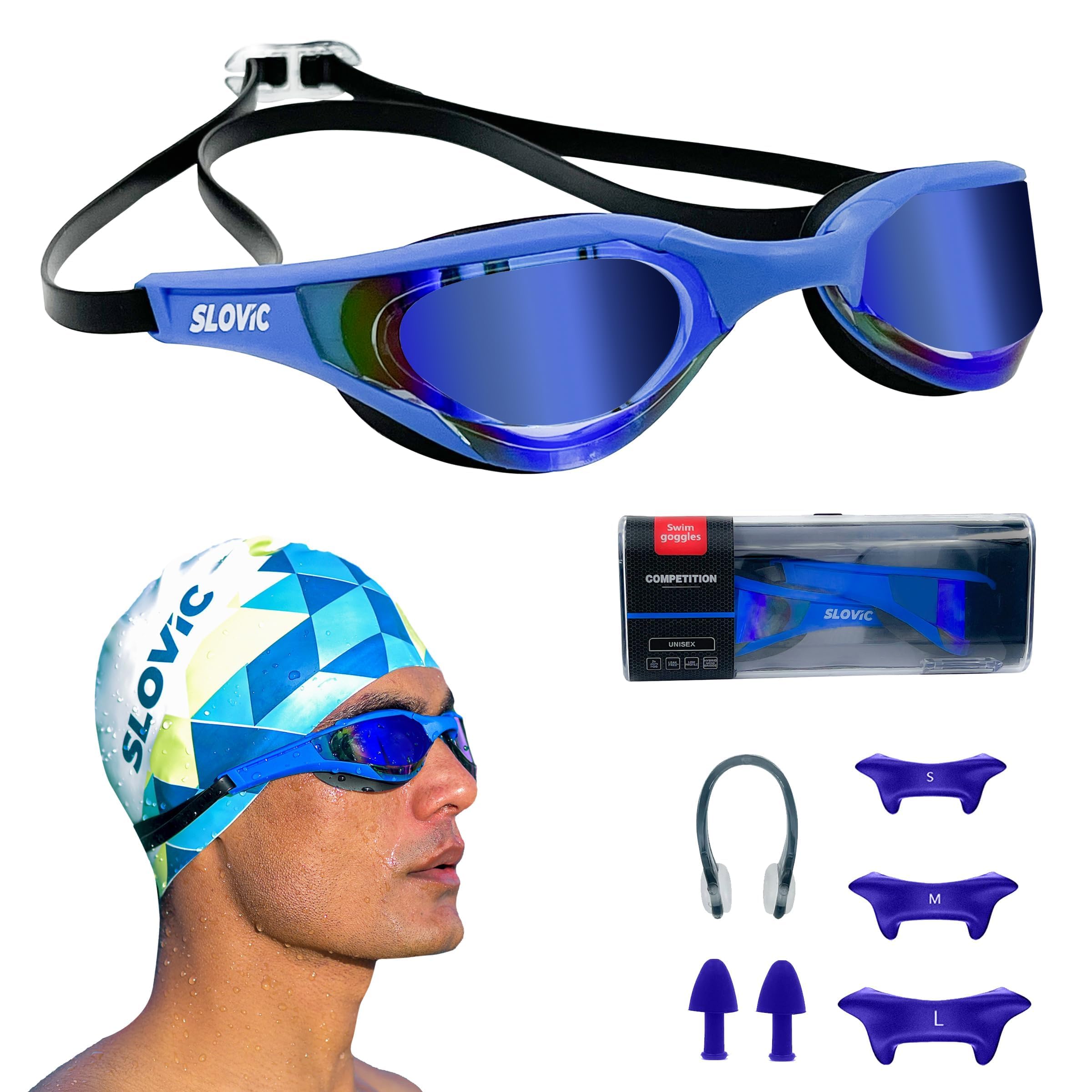 SLOVIC Dark-Blue Swimming Goggles for Men & Women with Detachable Silicon Nose Bridge | Anti-Fog Glasses, Leak-Proof | Adjustable Strap with Ear Plugs & Nose Clip | UV-Protected Swimming Goggle Kit | (B0CBQFPXTP) Amazon Price History, Amazon Price Tracker