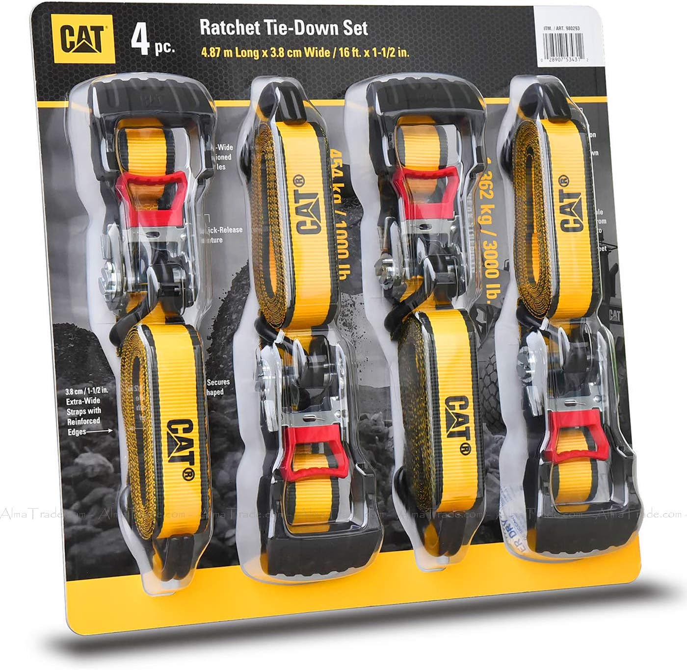 CAT Heavy Duty Ratchet Tie Down Straps Caterpillar 4 Piece Set Pack 1.5"x16ft