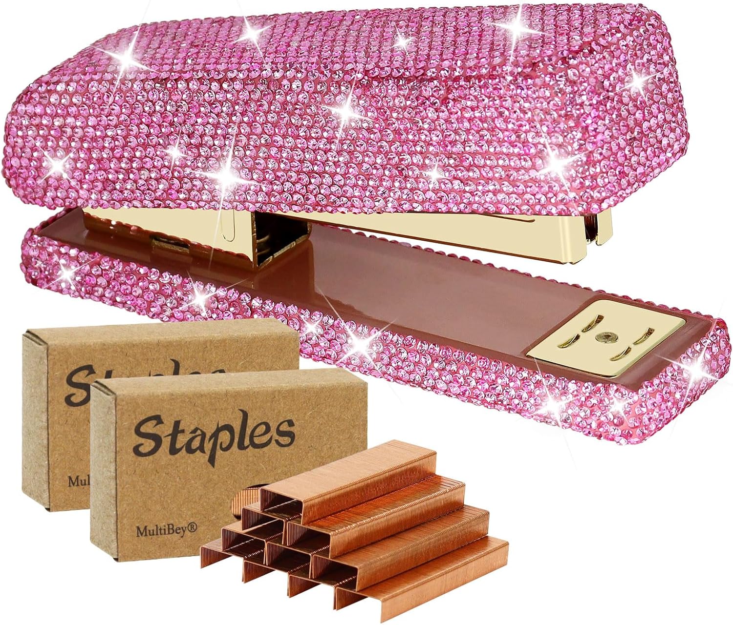 MultiBey Rhinestone Pink Stapler, Bling Crystal Handmade Acrylic Stapler with 2000 Staples, Office Desktop Dazzling Staplers Rhinestone Desk Accessories for Women Ladies（Pink）
