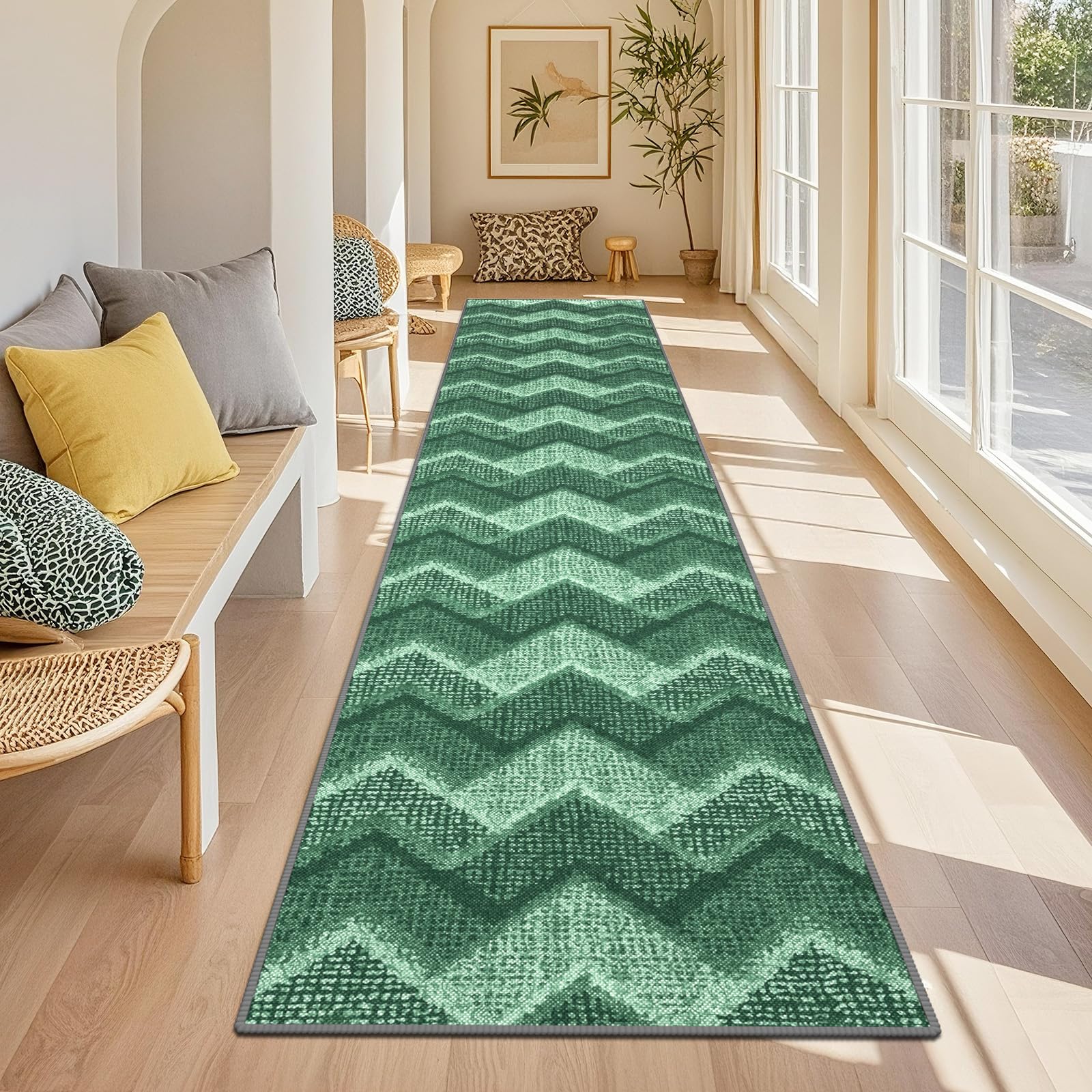 TUKDAK Green Runner Rugs for Hallway 60x300cm, Boho Non Slip Washable Hallway Runner Rug, Geometric Bohemian Long Hall Carpet for Kitchen Bedroom Laundry Living Room, Soft Low Pile Non Shedding