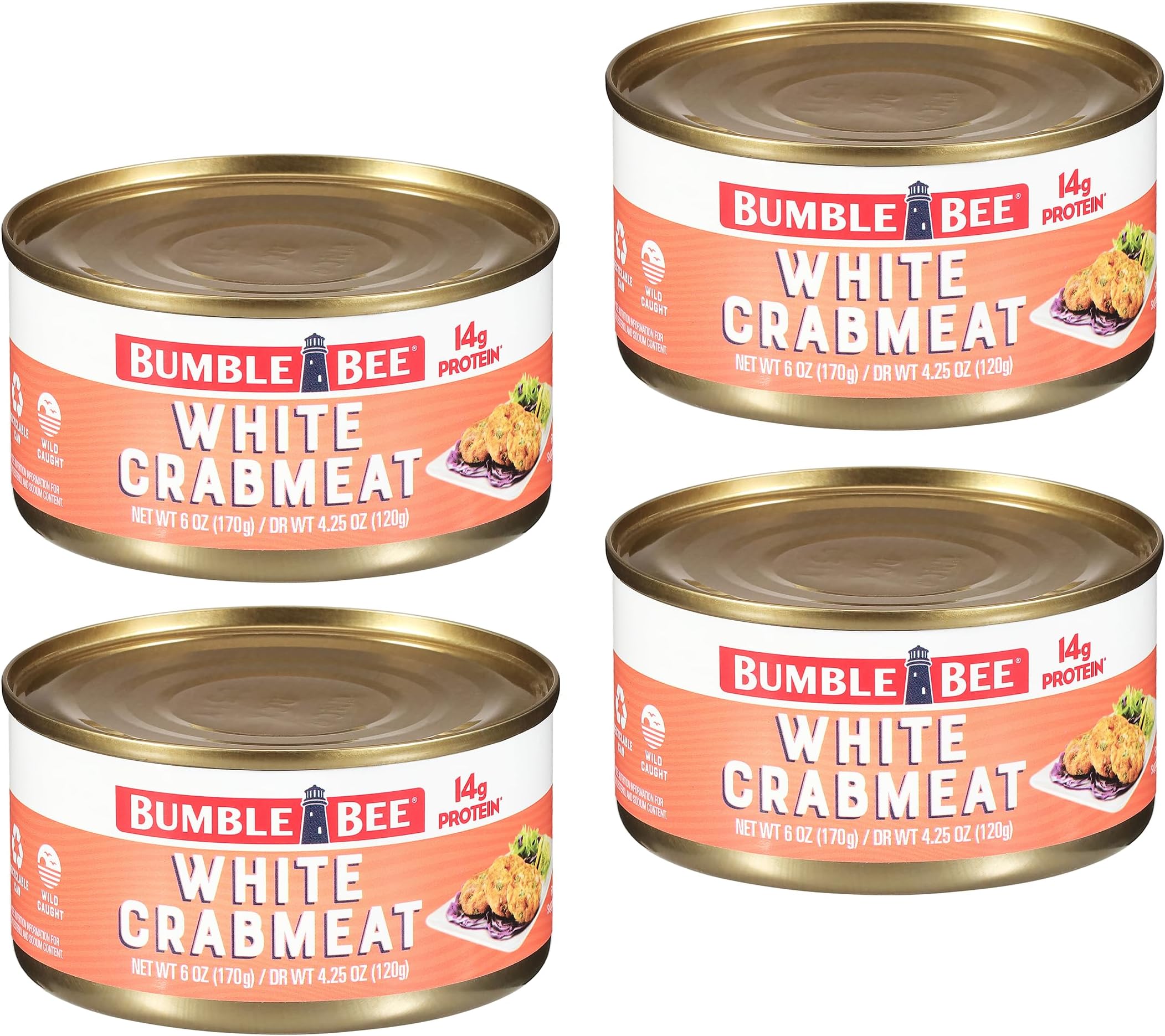 Bumble Bee White Crabmeat in Water, 6 oz Can (Pack of 4) – Wild Caught, 14g Protein & 1g Carb per Serving - Gluten Free - Great Use in Crab and Seafood Recipes