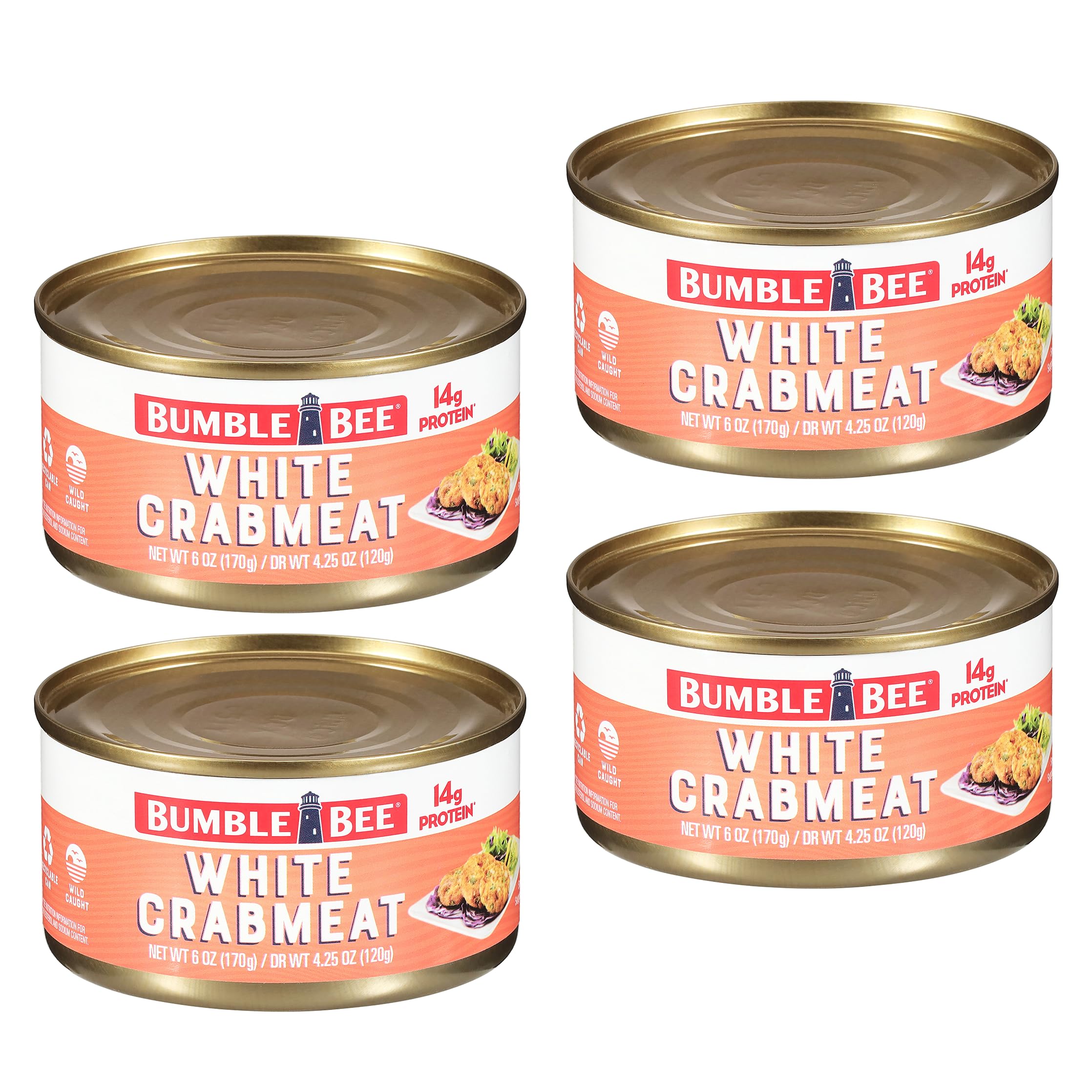 Bumble Bee White Flake Crabmeat in Water, 6 oz Can (Pack of 4) – Wild Caught, 14g Protein & 1g Carb per Serving - Gluten Free - Great Use in Crab and Seafood Recipes