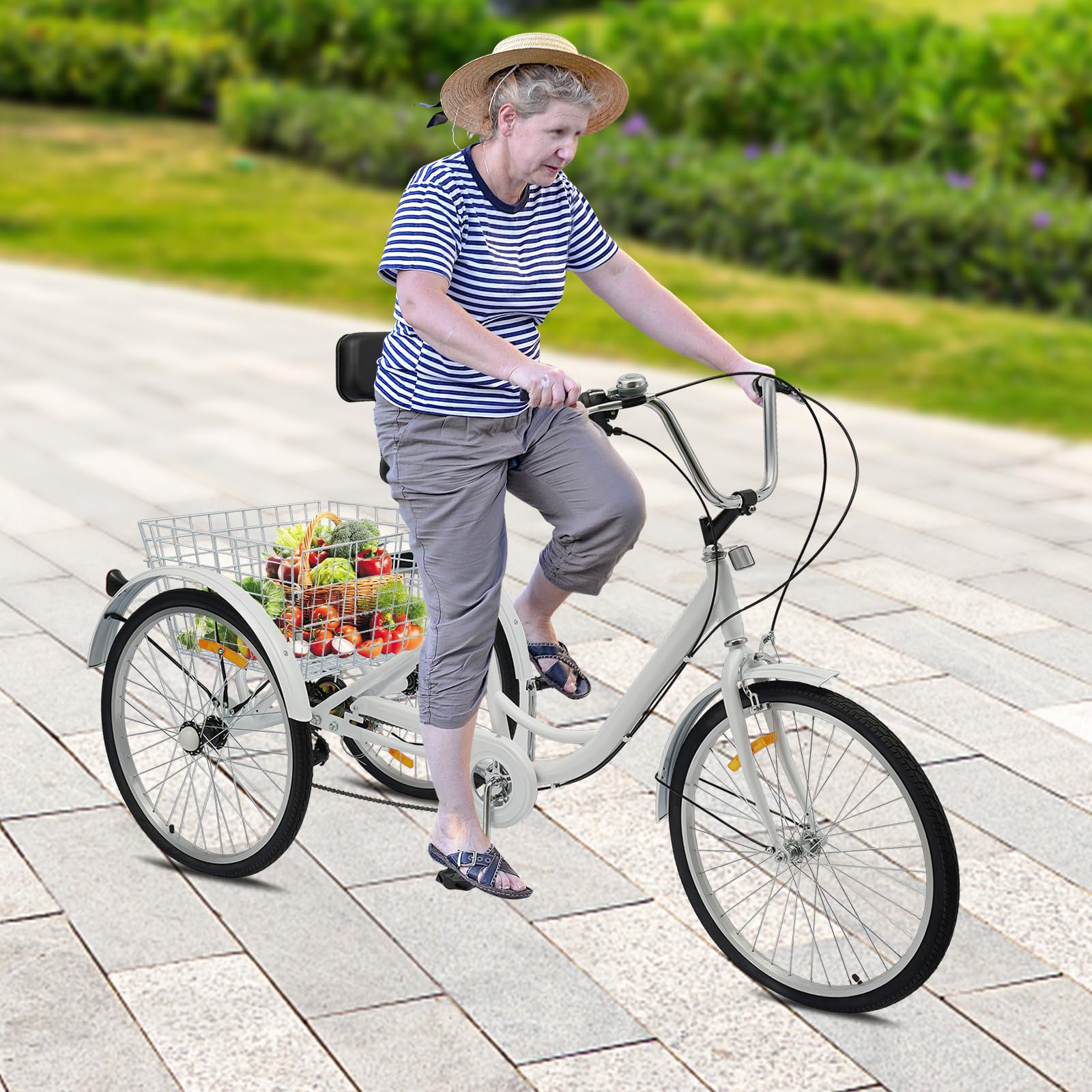 Bicicleta de 3 ruedas de 24 pulgadas, herramientas de turismo de viaje verde, triciclo de 6 velocidades para adultos, bicicleta de crucero de 3 ruedas, con soporte lumbar, cesta grande, altura