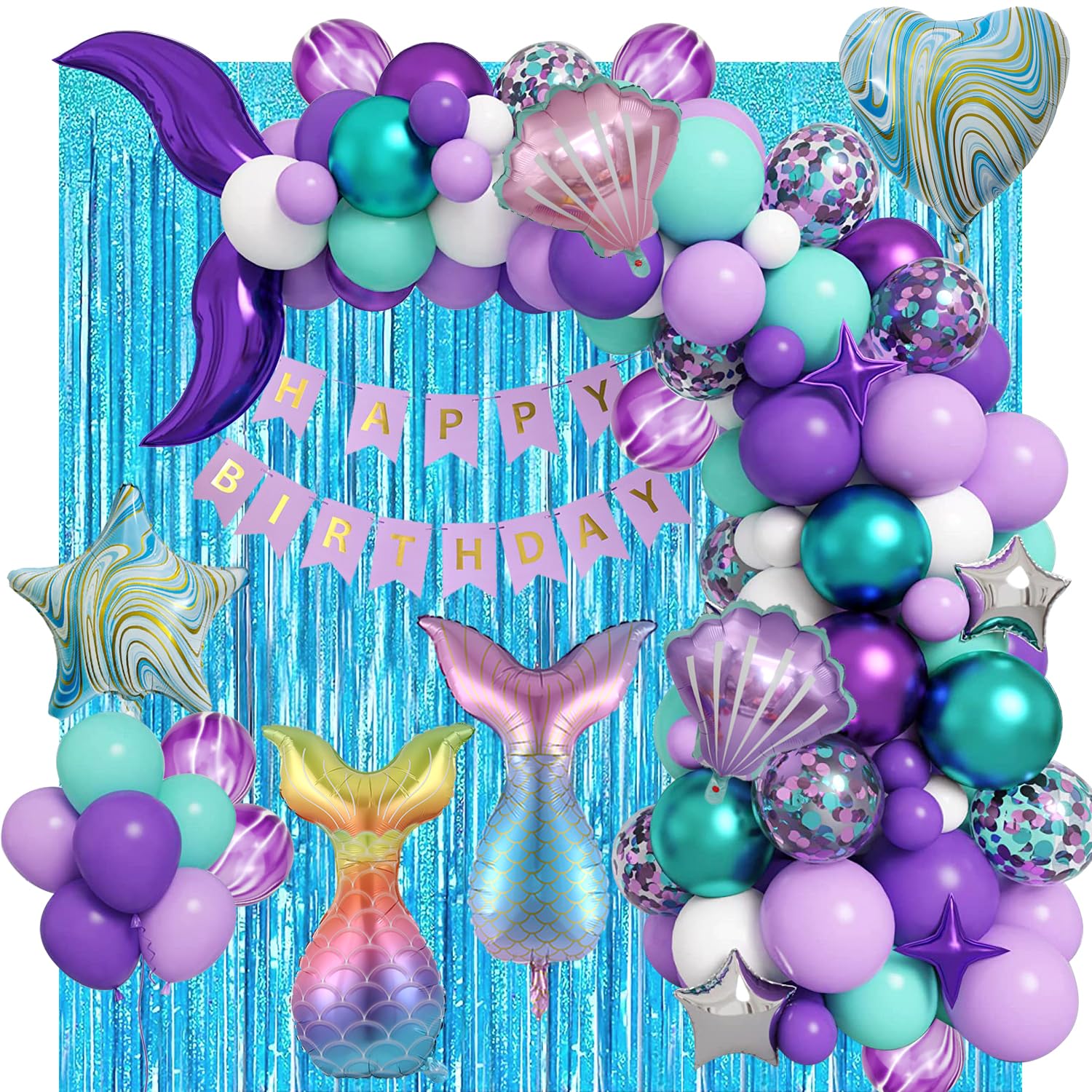YinQin 152 PCS Mermaid Happy Birthday Party Balloons with Pump Under Sea Beauty Fish Tail Birthday Balloons Decorations Ocean Blue Sparkle Foil Fringe Curtain Mermaid Birthday Party Supplies for Girl
