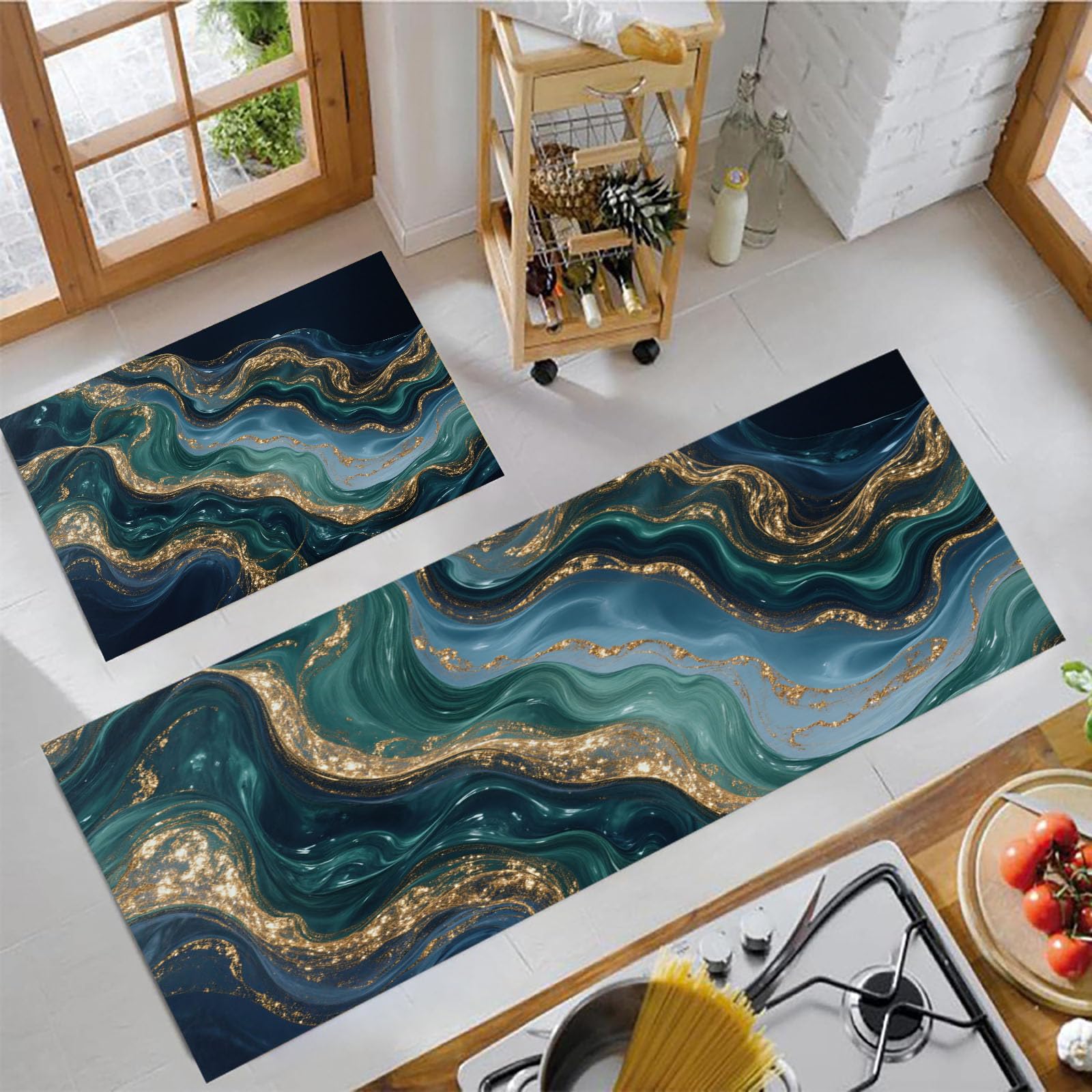 Alfombra de cocina de mármol azul y oro para decorar con estilo tu zona de lavado