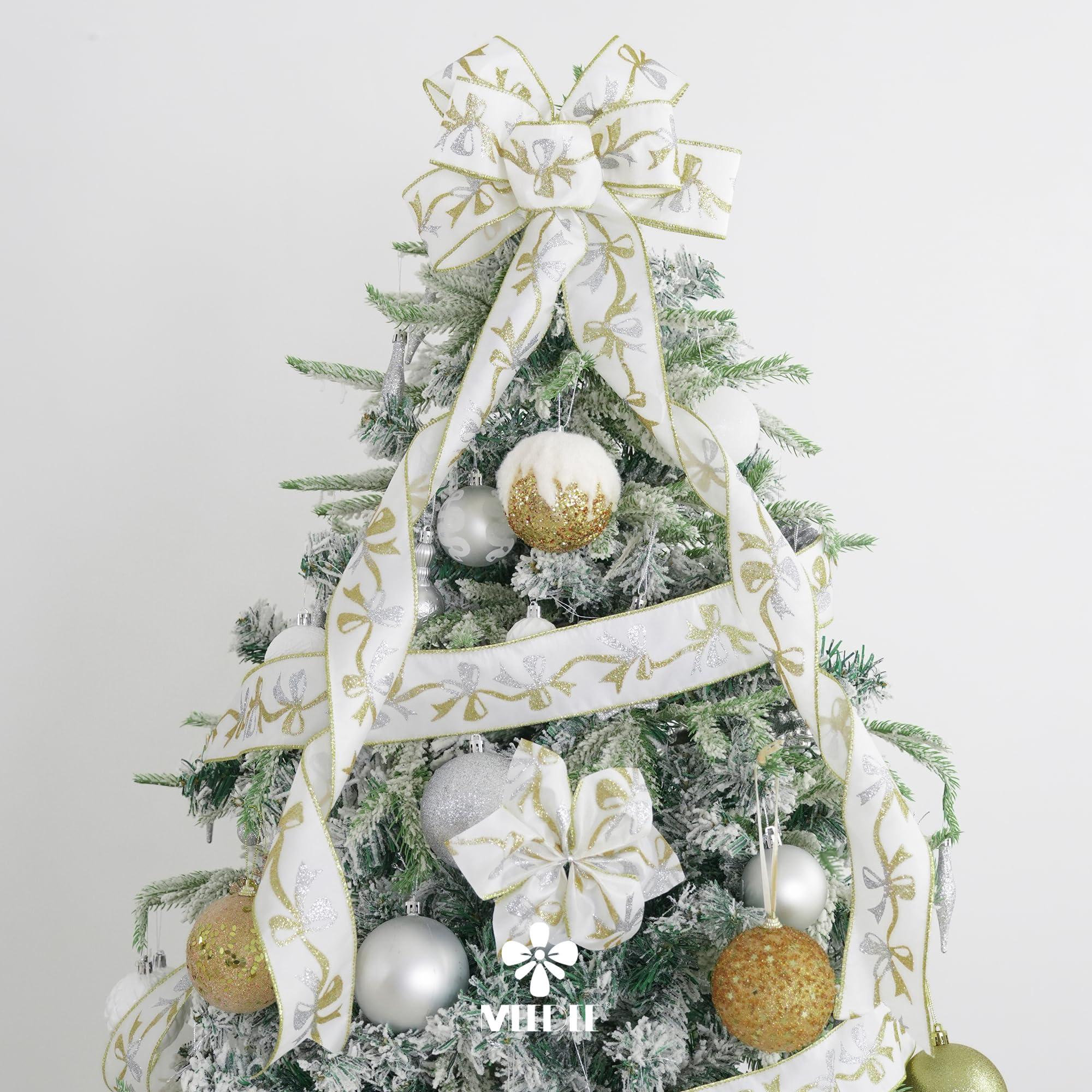 MEEDEE Cinta de Navidad dorada y plateada de 2.5 pulgadas, cinta de satén blanco con patrón de lazos dorados y plateados, 25 yardas, cinta de Navidad dorada y plateada para árbol, guirnaldas, lazo de