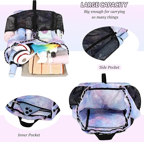 Miniatura 6 de Lohol Mochila ligera de nailon con cordón y bolsillos de malla para mujeres y hombres, bolsa de cuerda resistente al agua para deportes, playa,