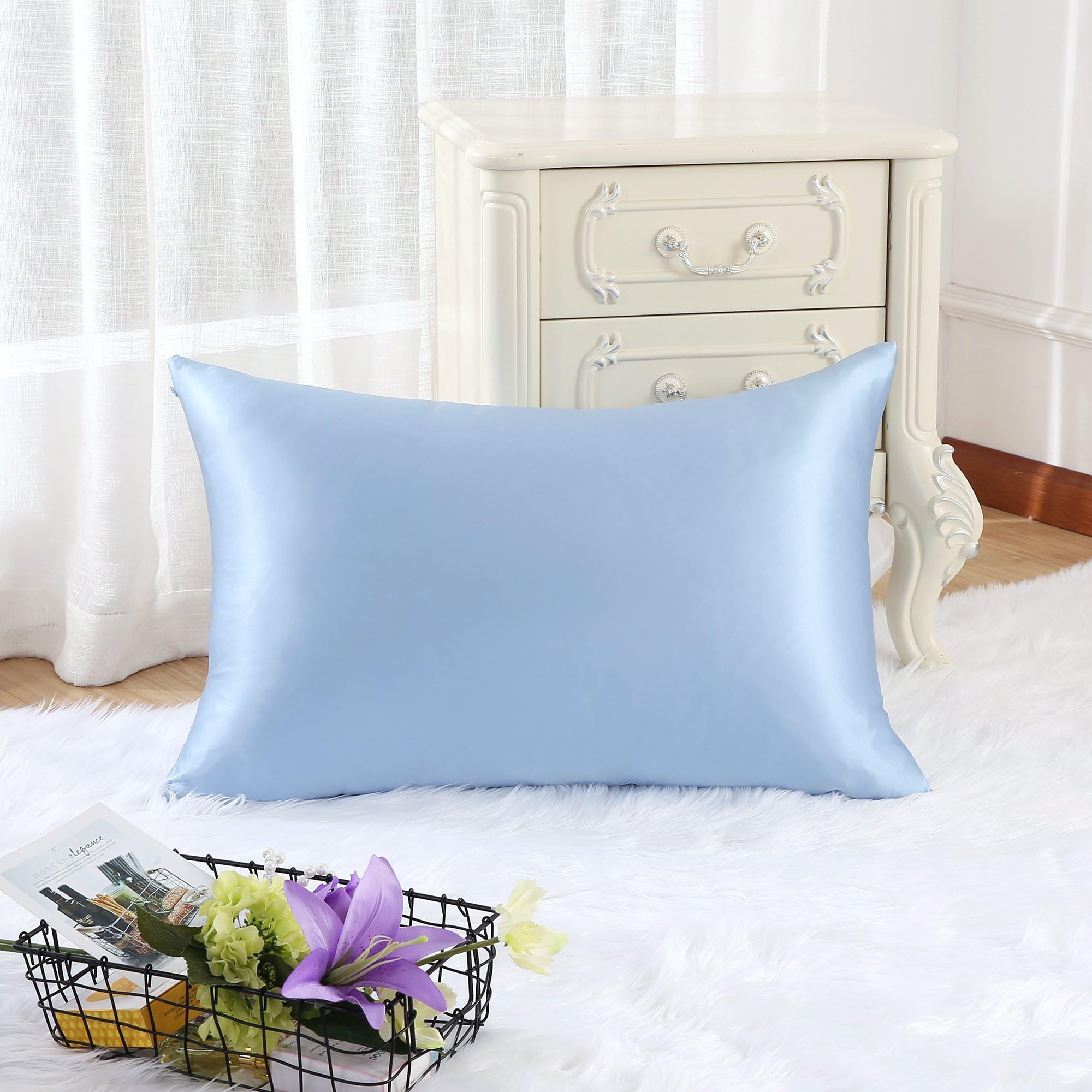 Spruce Luxurious 100% Pure Mulberry Silk Pillowcase for Hair and Skin Beauty on Both Sides with Hidden Zipper, Anti-Wrinkle, 19 Momme, 22 Colors, 1 PC(50 * 75 cm) (Standard - 50 * 75cm, Sky Blue)