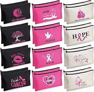 Breast Cancer Awareness Bag Pink Ribbon Travel Makeup Pouch Breast Cancer Cosmetic Pouch Portable Canvas Breast Cancer Gift Bag for Vacation Travel Women Breast Cancer Awareness Party (24 Pcs)