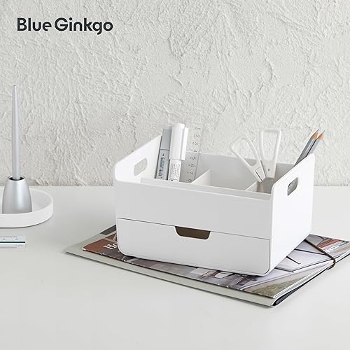 Miniatura 5 de BLUE GINKGO Organizador de escritorio portátil, compacto, 3 compartimentos, almacenamiento de medio cajón, soporte para bolígrafos, organizador de