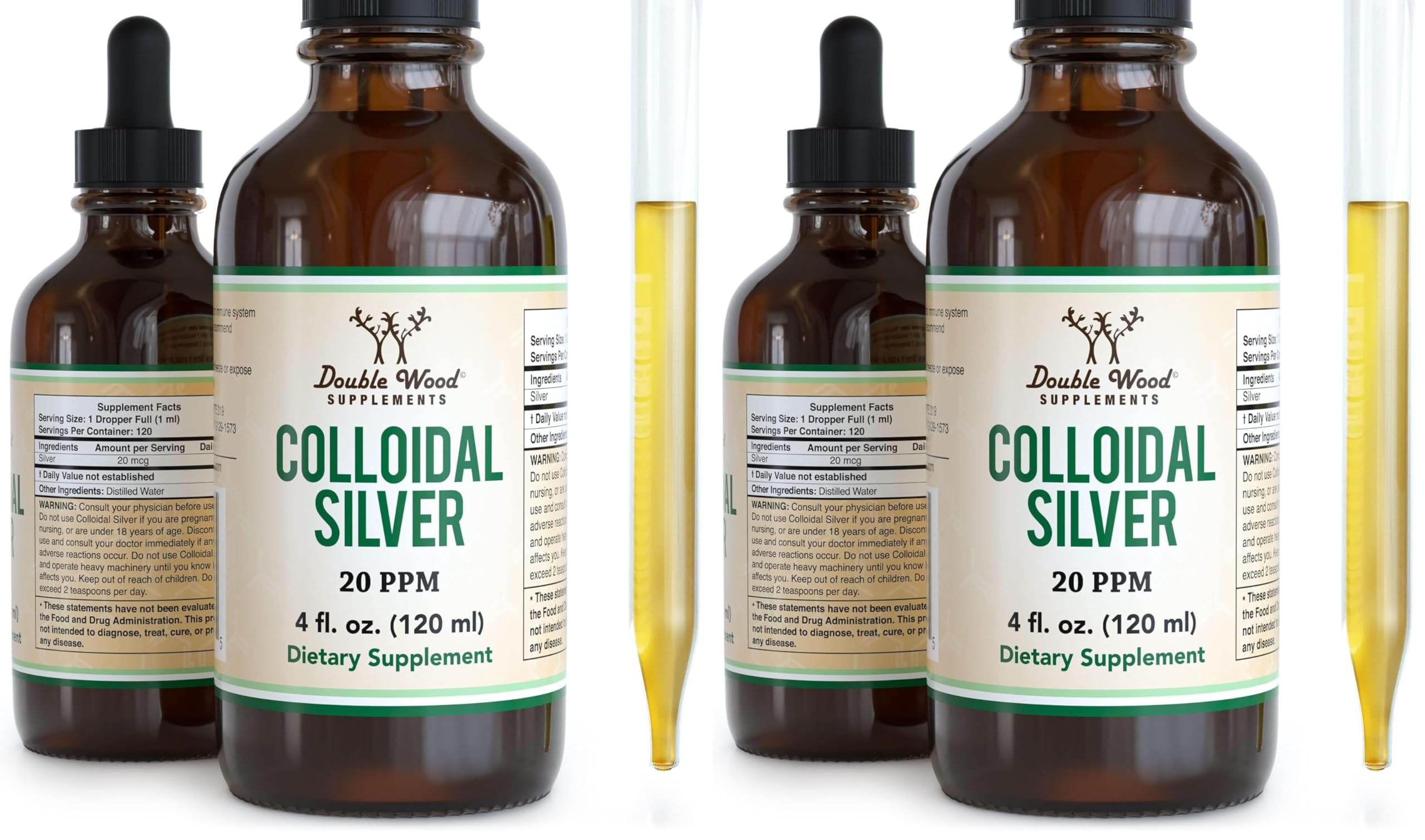 Colloidal Silver Liquid 20 PPM - 4 Fl OZ (Plata Coloidal with Dropper) 99.9% Pure, Gluten Free, Non-GMO by Double Wood Supplements (Pack of 2) 4 Fl Oz (Pack of 2)