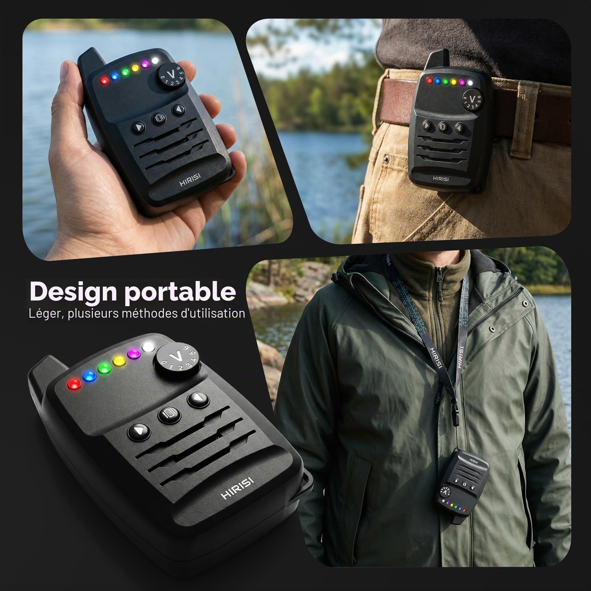 Hirisi Tackle Lot de détecteurs de touche pour carpe avec télécommande sans fil, 6 couleurs réglables, sensibilité, volume et son, cordon inclus