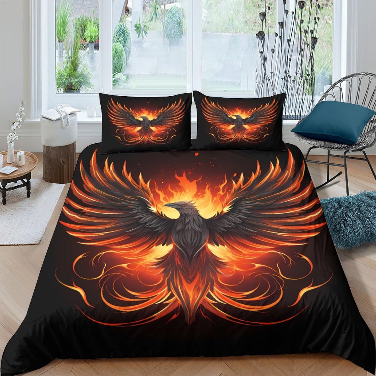 GPLZQXKJNH 3D Printed Fire Phoenix Duvet Cover Set Microfiber Soft Breathable Flame Bird Quilt Cover with 2 Pillowcases for Bedroom Decor Single（135x200cm）