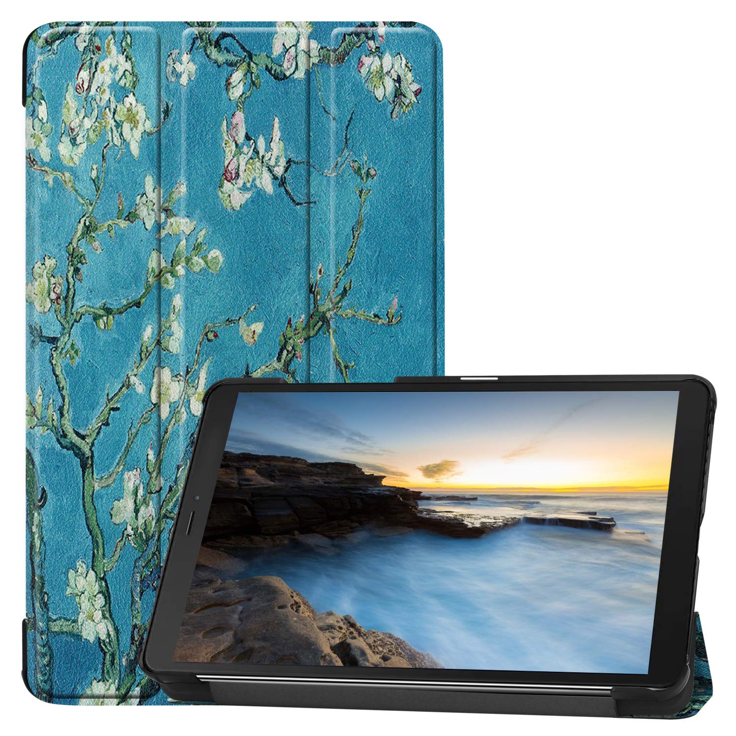 Slim Case for Samsung Galaxy Tab A 8.0 2019 Release Model T290 T295 T297, PU Leather Slim Flip Stand Full Protective Cover with Kickstand Shockproof (Apricot flower)