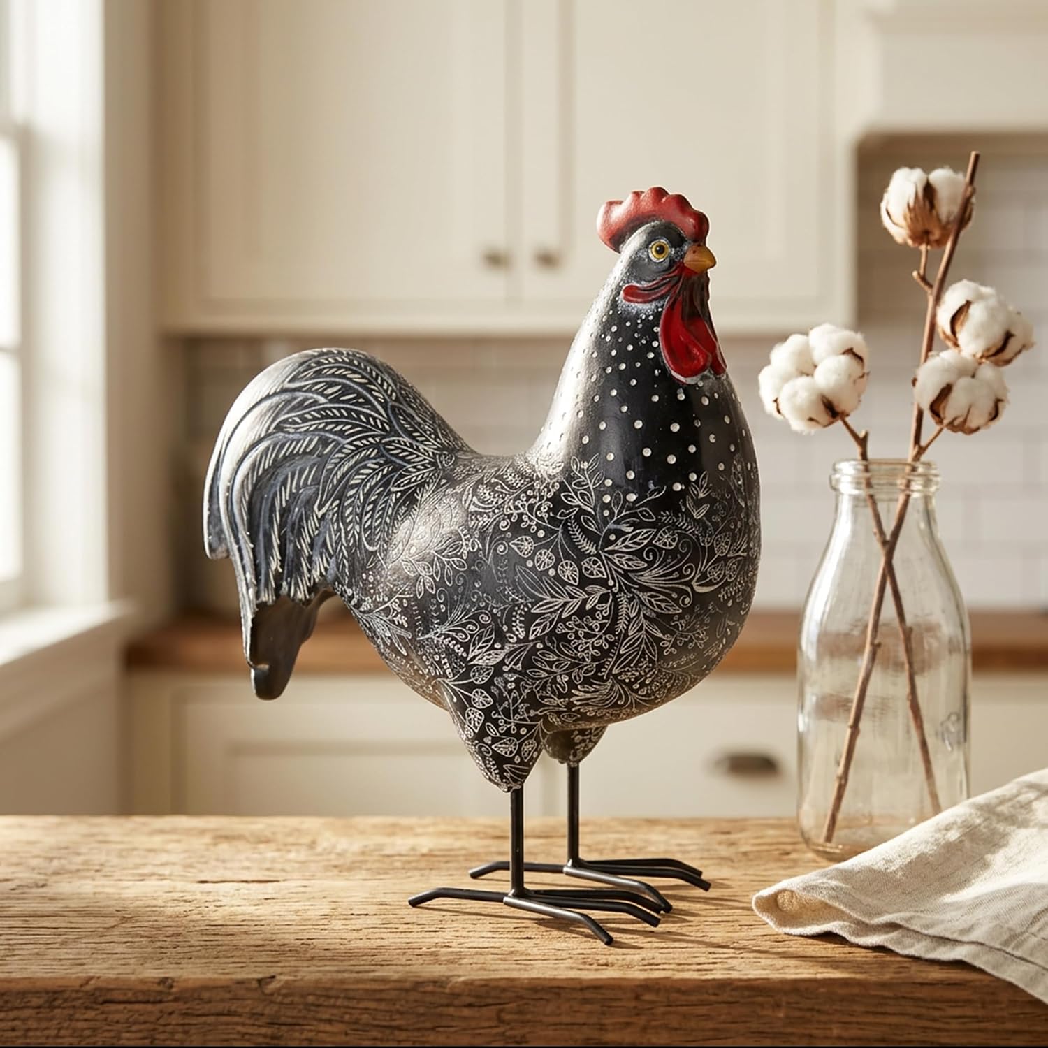 Rooster Statue Chicken Decor, Modern Farmhouse Home Decor | Black Resin Rooster, Rooster Figurine with Floral Details, Accent for Shelf Decor, Dining Room, Vintage Country Tabletop