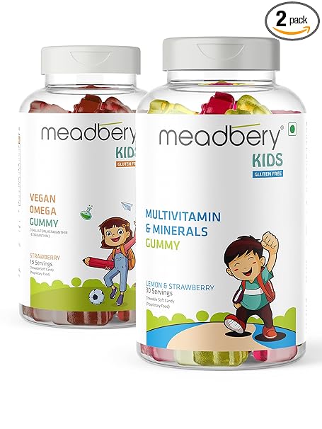 Meadbery Multivitamin Gummies and Vegan Omega Gummies For Kids Combo Gift Pack Glutenfree Formula With Vitamin C Vitamin E Dha Lutein Astaxanthin For Health Immunity 30+30 Gummy Bears