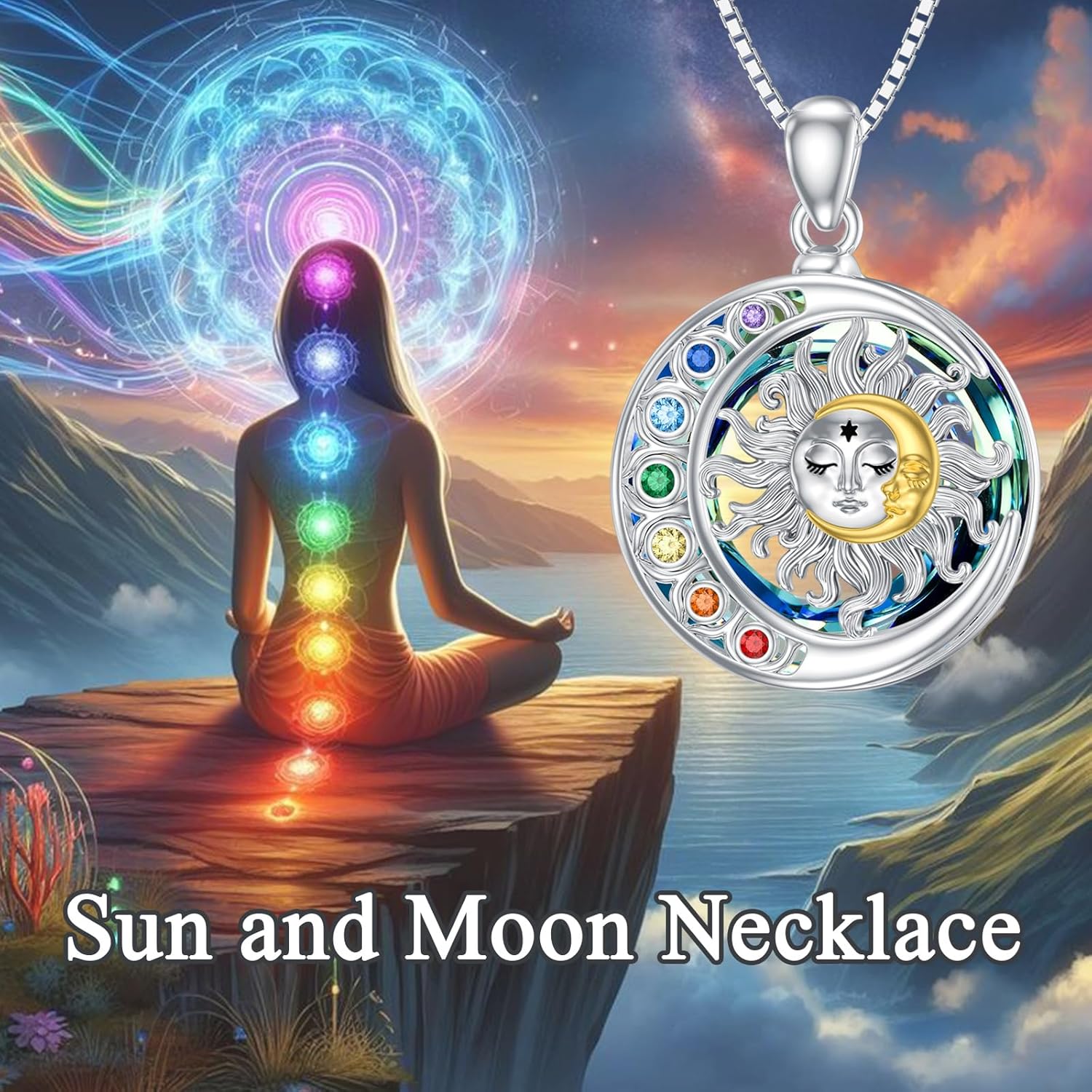 PELOVNY Chakra Crystal Necklace for Women 925 Sterling Silver Triple Moon Goddess Hamsa Hand Lotus Tree of Life Flower of Life Pendant Necklace 7 Chakra Spiritual Jewelry Gifts for Mom Wife - Image 6