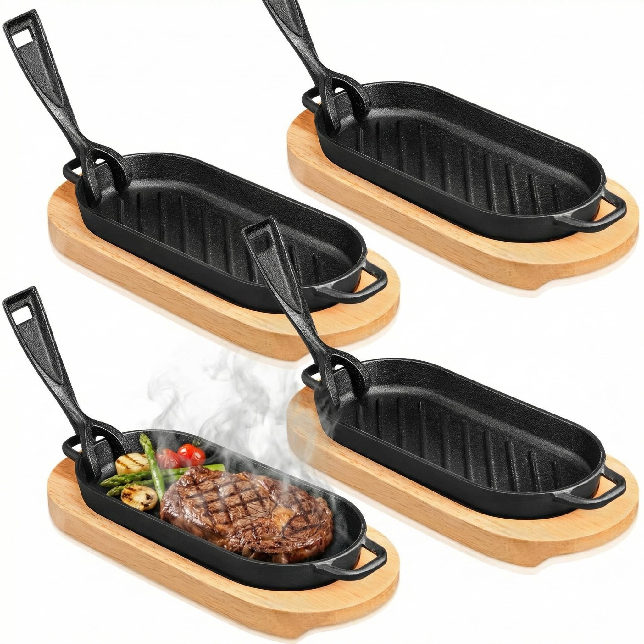 Photo 1 of Yiyiring 4 Sets Cast Iron Fajita Skillet with Wooden Base, Sizzling Plate Set for Steak, Removable Handle, Fajita Pan for BBQ, Restaurant, Home Kitchen (8.66 x 4.33 Inch)