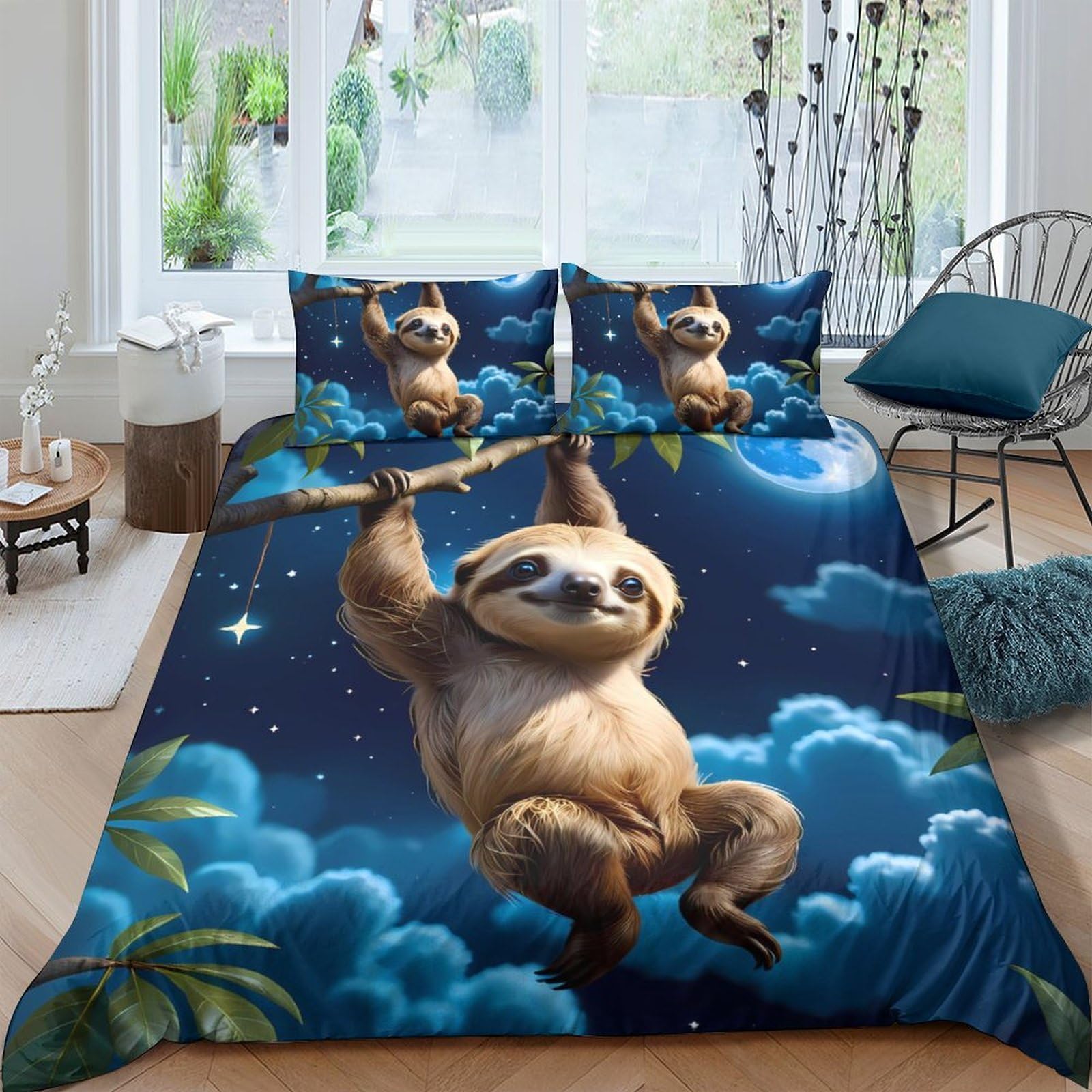 Ctjqhvkz Style-4 3D Printed Night Sky Sloth Fitted Sheet Microfiber Soft Breathable Cartoon Animal Mattress Cover For Bedroom Dorm Decor Single（135X200cm）
