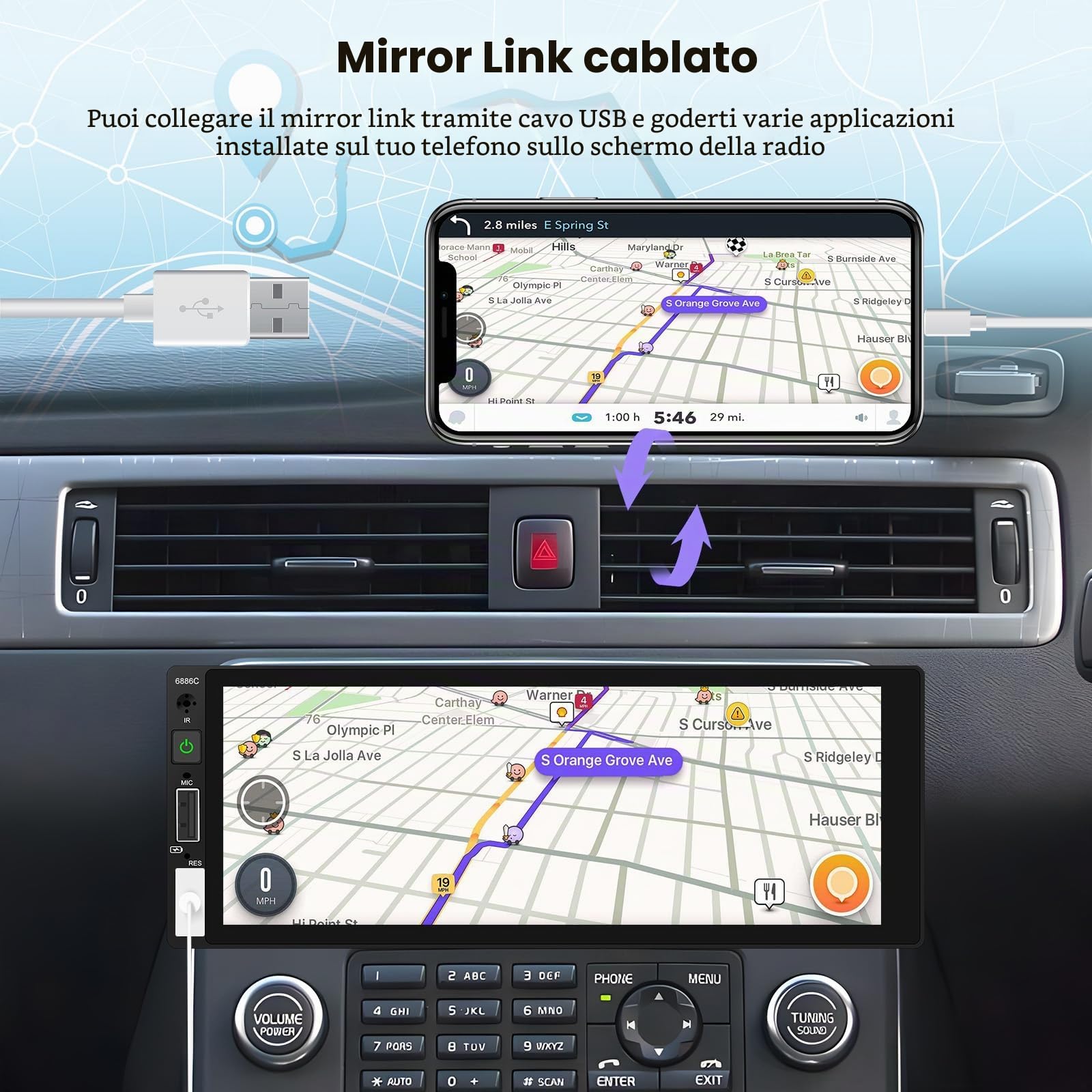 Hikity Autoradio 1 Din Wired Carplay Android Auto 6,86 Pollici Touchscreen Radio Bluetooth Auto Stereo con Mirror Link FM Radio USB/EQ/Controllo del Volante/Telecamera Posteriore