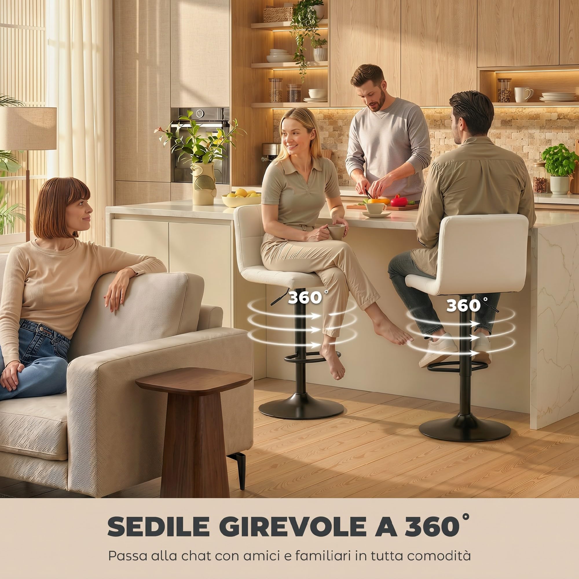 HOMCOM Set 2 Sgabelli Bar in PU Girevoli a 360° con Altezza Regolabile, Sgabelli Cucina Alti con Seduta Morbida, Poggiapiedi, Schienale, Struttura in Acciaio, Sedie Bar per Penisola Cucina, Crema
