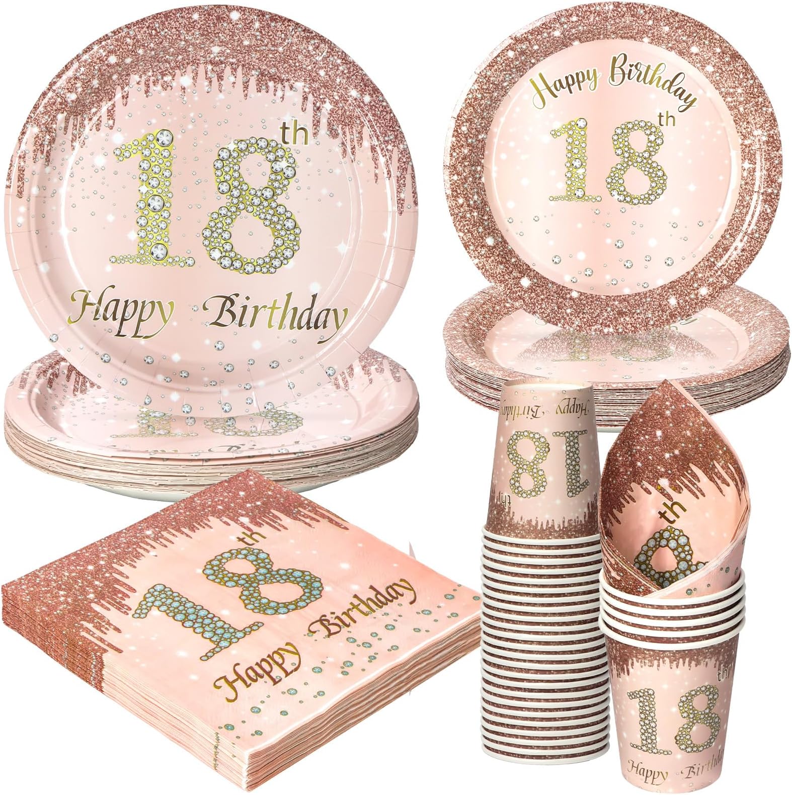 – 96 Pcs Happy 18th Birthday Tableware Set, Rose Gold Paper Plates Cups and Napkins, Disposable Dinnerware Party Decorations for Women,Men 18th Birthday Party Supplies Serve 24 Guests